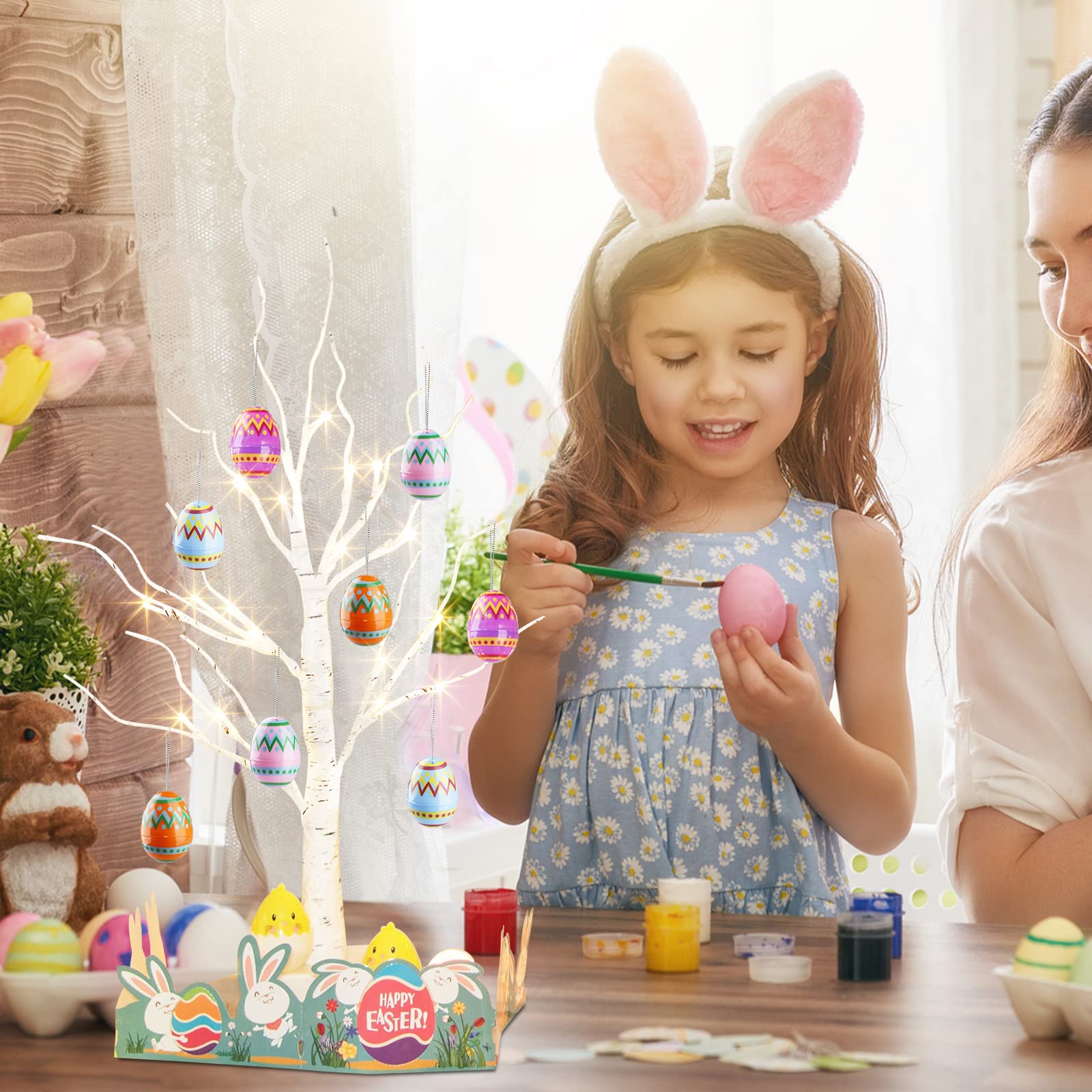 2FT 24LT Battery Powered Easter Egg Tree with Timer - Pre-lit White Birch Easter Decorations for Home, Party & Spring - Indoor/Outdoor Holiday Decor for Easter Celebrations, Garden & Living Room
