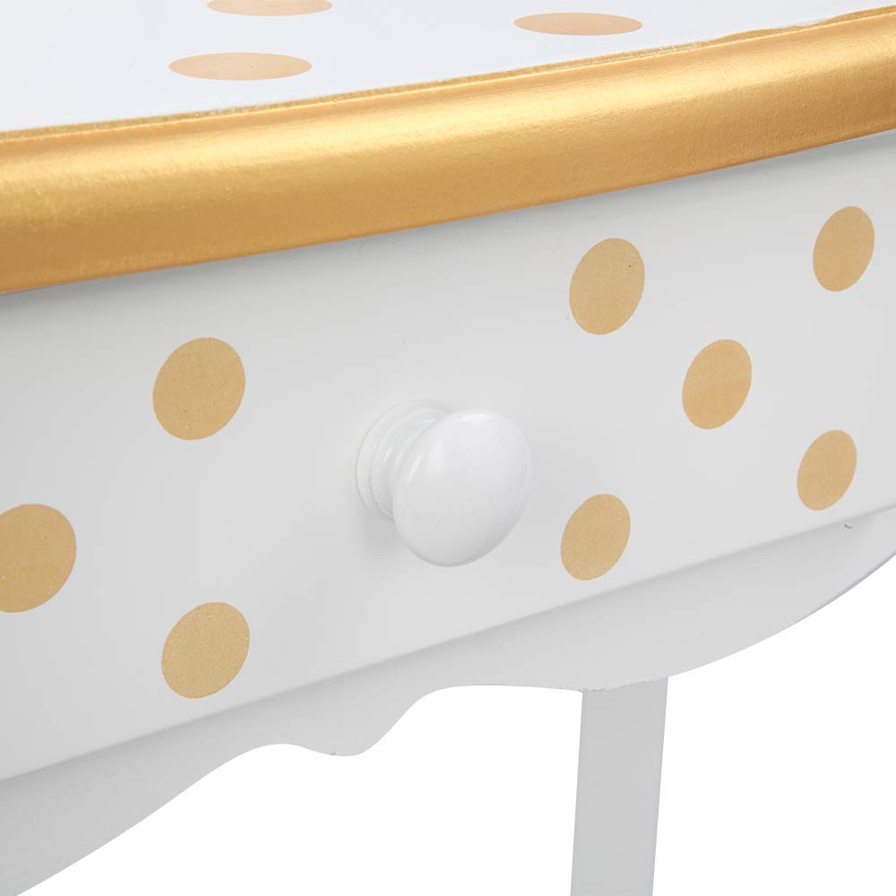 **Vanity Set for Girls - Wooden Princess Makeup Table with Cushioned Stool, Drawer & Mirror - Kids Dressing Play Set - Best Gift for Birthday & Pretend Play (Yellow Dots)**    **Use Cases:** Perfect for bedroom decor, birthday gifts, pretend play, and fostering creativity in young girls.