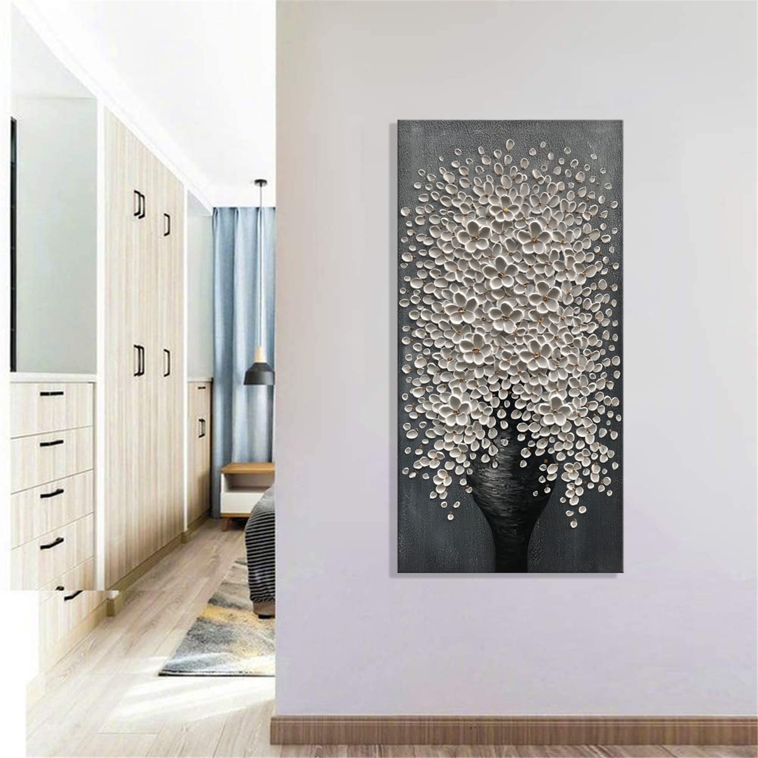 Alenoss 100% Hand Painted Floral Oil Painting - 24x48 Inch White Abstract Flower Canvas Wall Art - 3D Vertical Wall Decor for Dining Room, Hallway & Living Room - Perfect for Home Decor & Office Wall Art