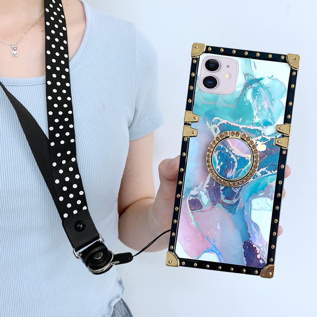 KADSONG Marble Pattern Sparkle Gold iPhone 12 Pro Max Case 6.7 Inch - Soft Shock-Absorption Square Corner Phone Cover with Ring Kickstand & Strap for Women (Green) | Perfect for Everyday Use, Work & Travel Protection