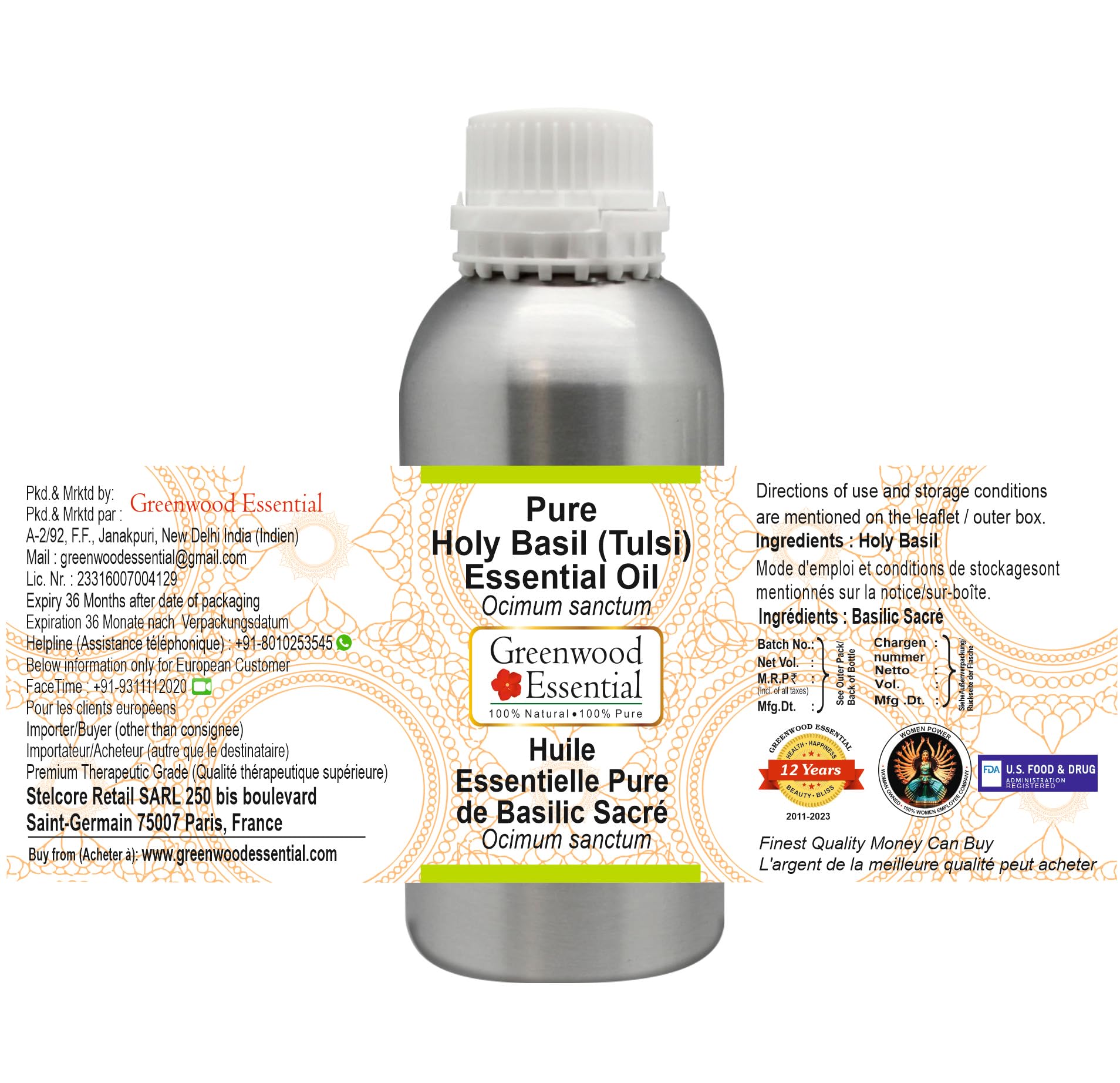 Pure Holy Basil Essential Oil (Ocimum Sanctum) - 630ml (21 oz) Steam Distilled for Aromatherapy, Stress Relief & Skin Care | Natural Therapeutic Grade Oil for Diffusers, Massage & DIY Beauty Products