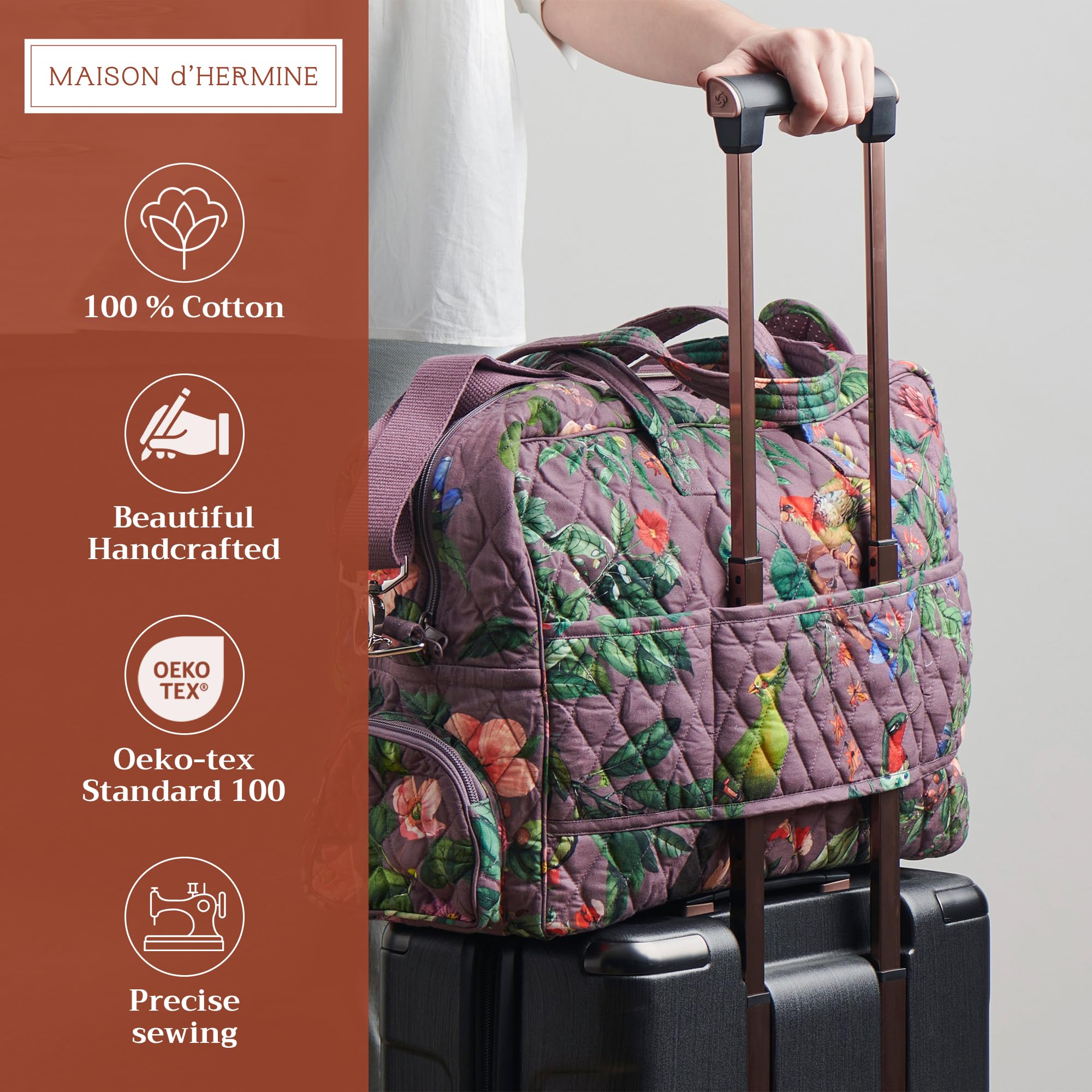 Maison d'Hermine Quilted Cotton Weekender Bag - Durable Overnight Duffel for Travel, Gym & Business | Perfect Gift for Men & Women | Violet (Eden) | Ideal for Weekend Getaways, Business Trips & Family Vacations