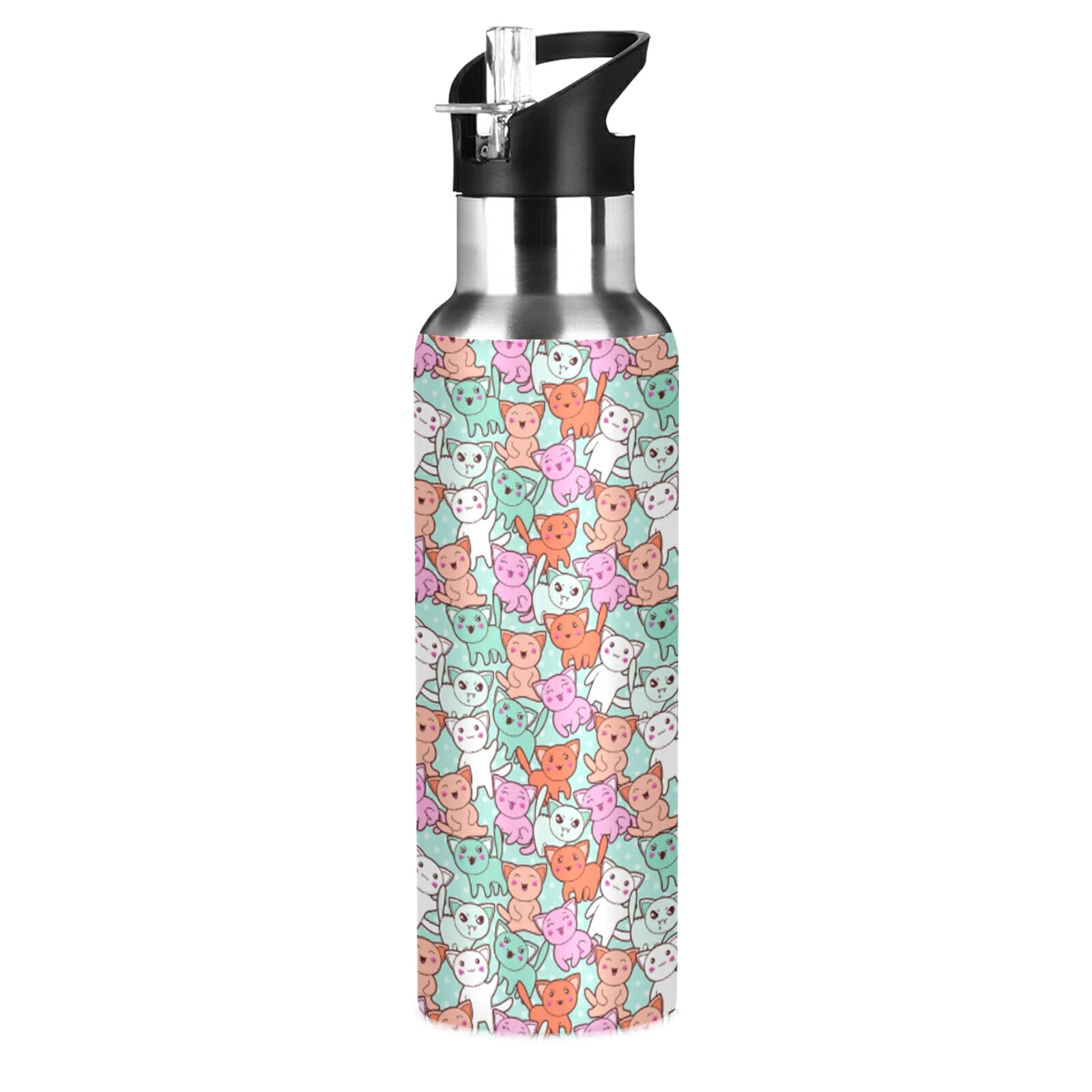 Kawaii Cartoon Cat Pattern Green Stainless Steel 600ml Water Bottle - Leak Proof, BPA Free, Insulated Thermos for Gym, School, Office, Hiking & Outdoor Activities - Cute Drinkware for Kids & Adults