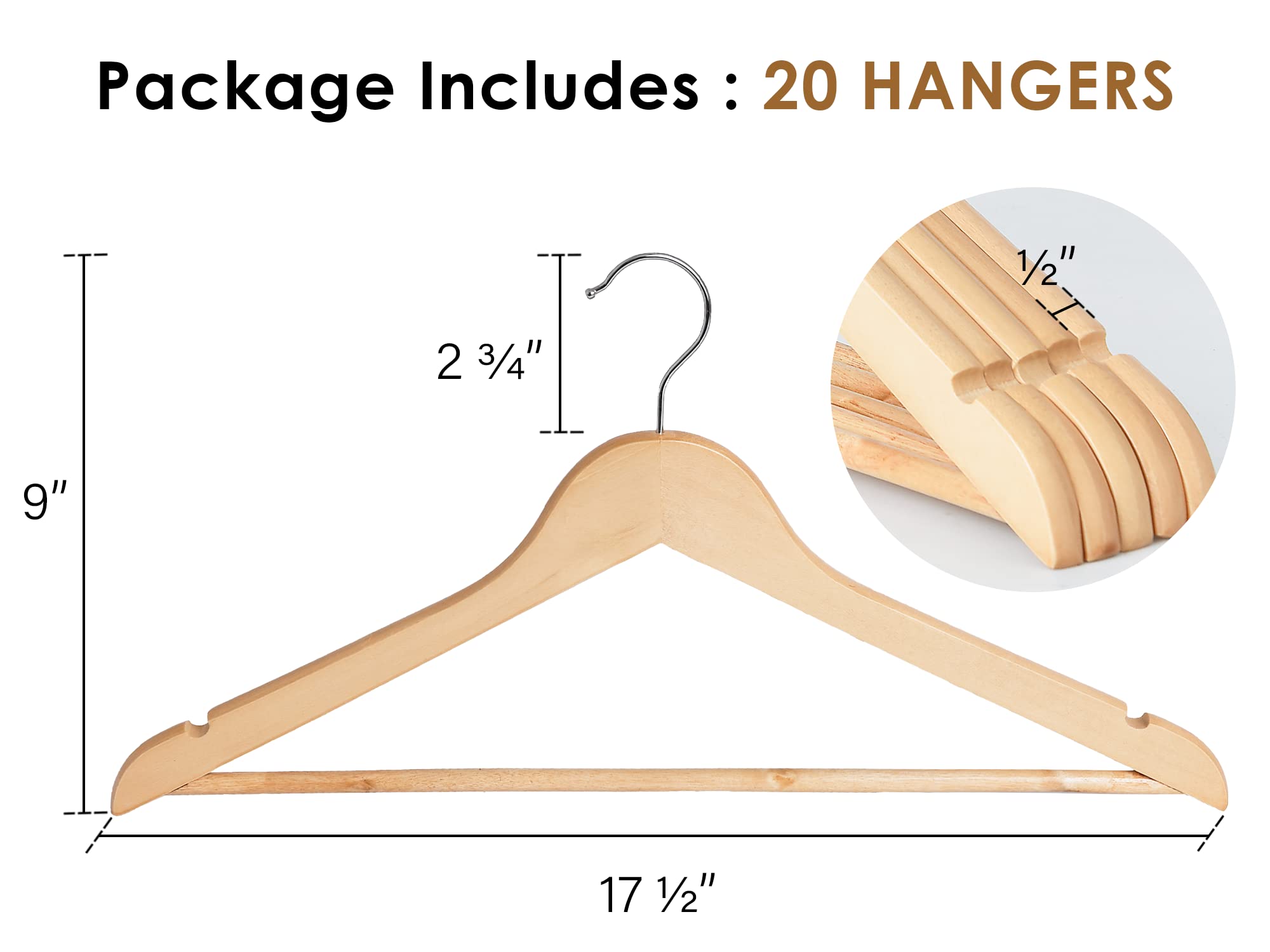 Premium Wooden Clothes Hangers 20-Pack - Natural Wood Coat Hangers for Shirts, Jackets, Pants & Suits - Space-Saving Closet Organizer for Home, Office & Retail Stores
