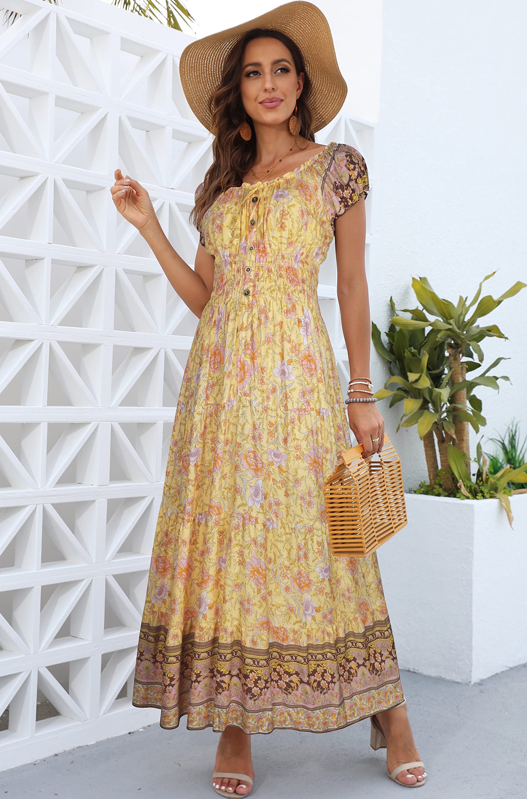 OSTOO Women's 2025 Summer Floral Maxi Dress - Boho Tiered Long Dress with Short Sleeves, Casual Flowy Beach Dress for Vacation, Party & Outdoor Date