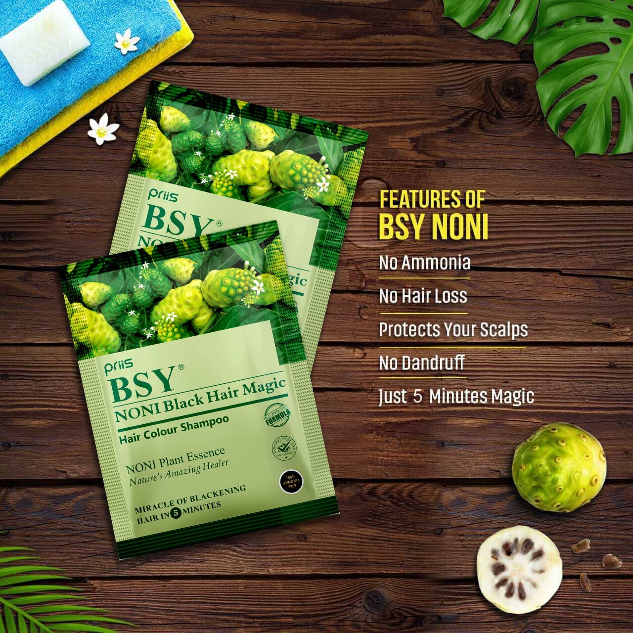 BSY Noni Black Hair Magic Hair Color Shampoo (20ml x 10 Sachets) - Ammonia Free Permanent Hair Dye for Men & Women | Natural Noni Fruit Extract | At-Home Hair Coloring Solution for Gray Coverage & Vibrant Black Shine
