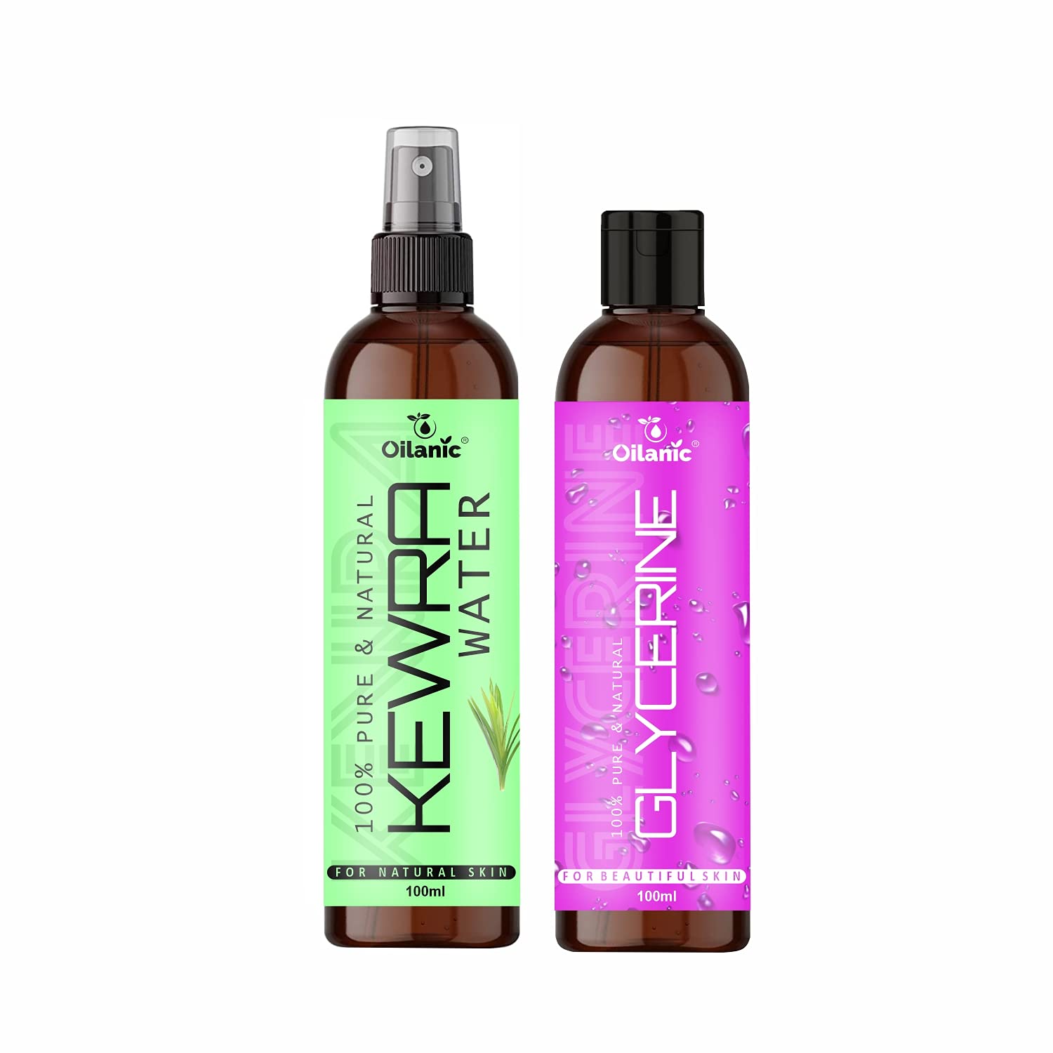 Oilanic Premium Kewra Water & Glycerine Combo Pack - 2 Bottles (100ml Each, Total 200ml) for Men & Women | Natural Hair & Skin Care | Perfect for Aromatherapy & DIY Beauty Treatments
