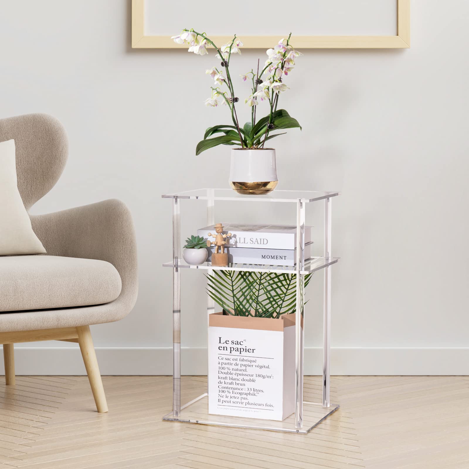 Clear Acrylic End Table - 3-Tier Modern Side Table & Nightstand (15.7