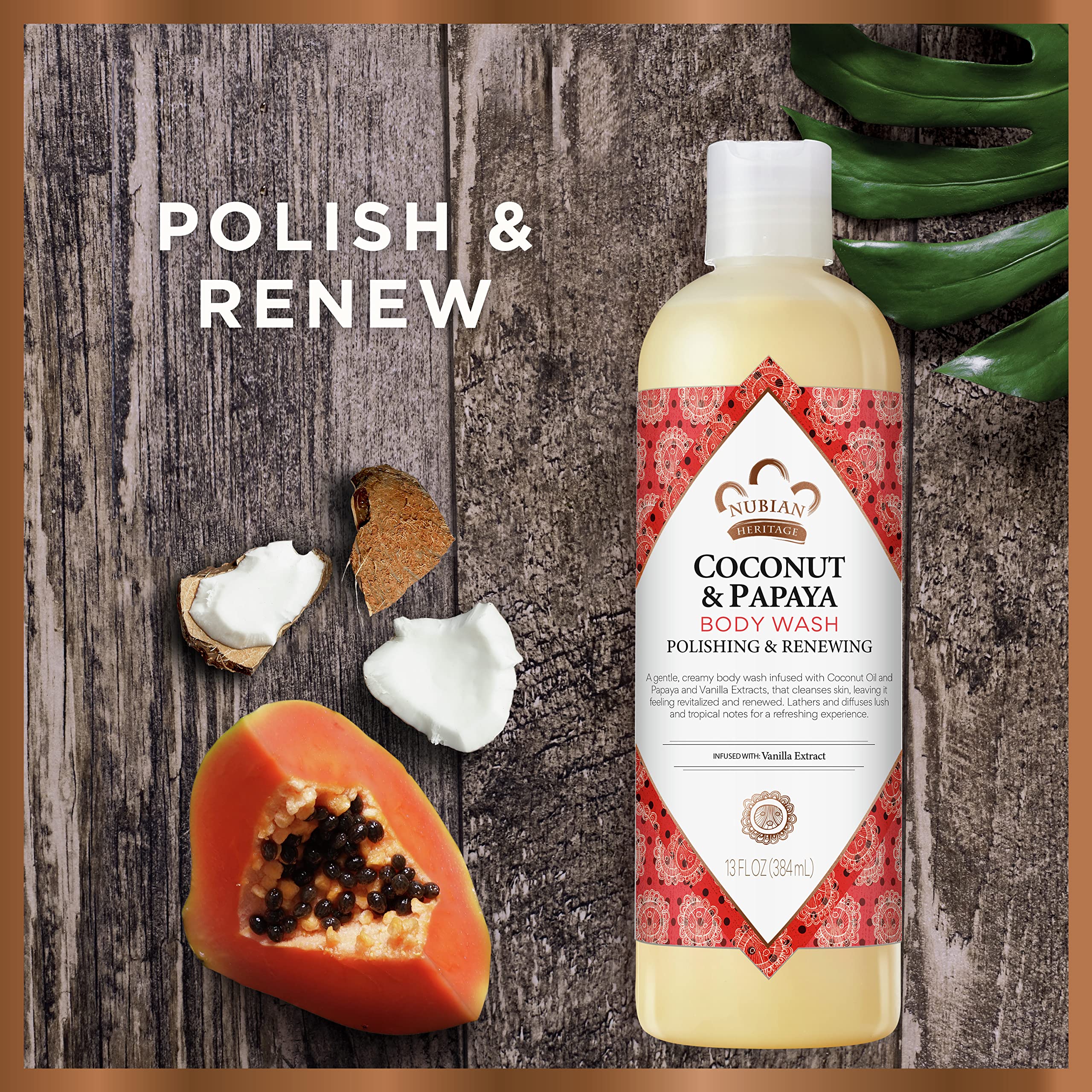 Nubian Heritage Coconut & Papaya Body Wash for Dry Skin - Hydrating & Renewing Cleanser, 13 oz - Perfect for Daily Shower & Spa-Like Skin Care