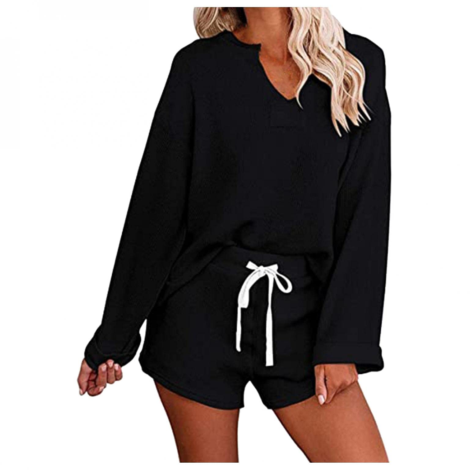Women's Waffle Knit Long Sleeve Top & Shorts Pajama Set with Pockets - Cozy Matching Lounge Wear for Sleep, Nightwear & Home Relaxation