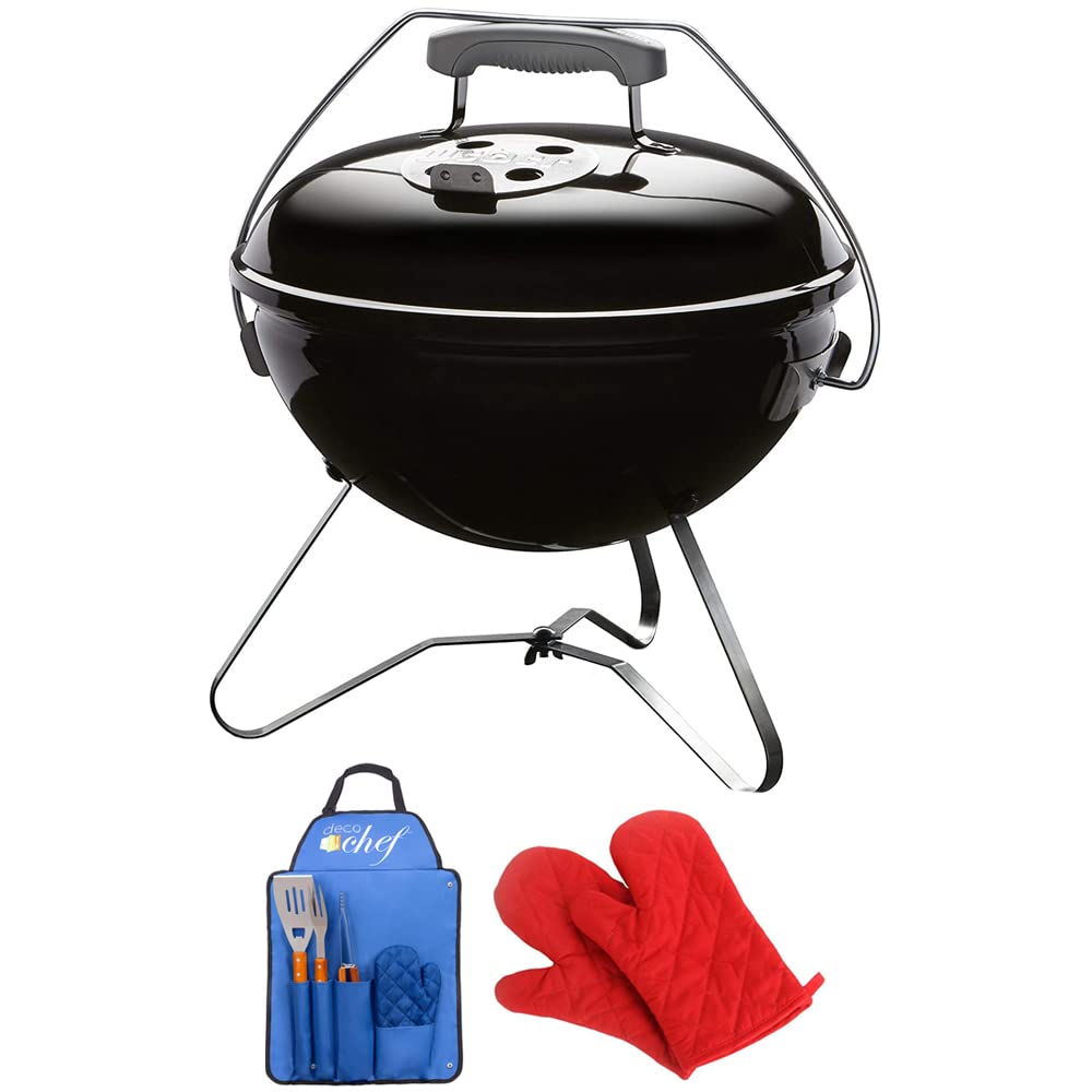 Weber 40020 Smokey Joe Premium 14-Inch Portable Charcoal Grill - Black | Includes 3-Piece BBQ Tool Set (Spatula, Tongs, Fork), Custom Blue Apron & Red Oven Mitts | Perfect for Camping, Tailgating, Picnics & Backyard BBQs