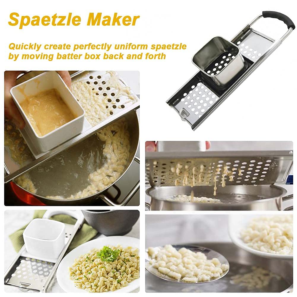 Premium Stainless Steel Spaetzle Maker - German Noodle & Dumpling Press with Safety Pusher & Ergonomic Rubber Handle - Perfect for Homemade Pasta, Spaetzle, Gnocchi & Asian Dumplings