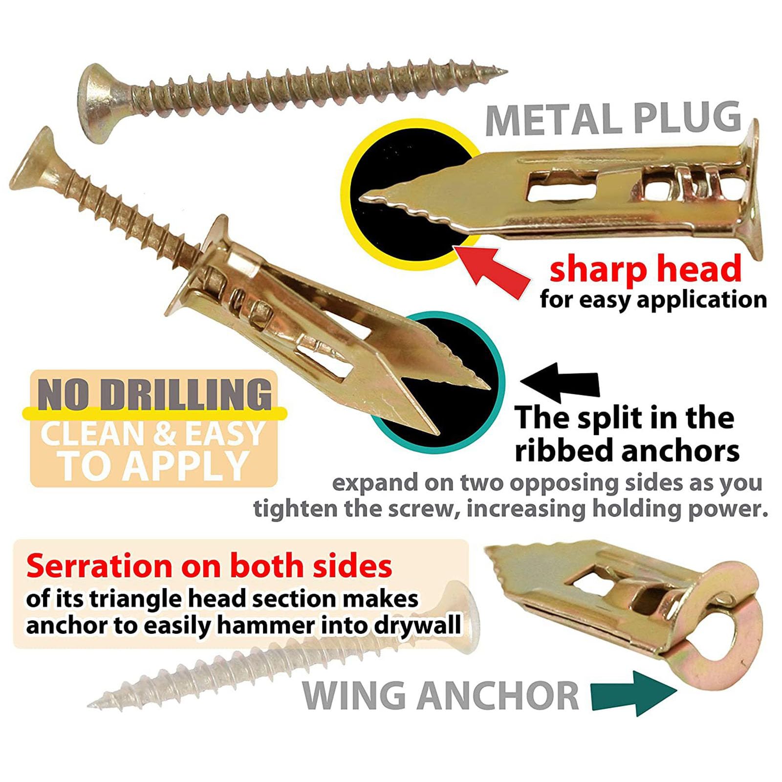 Upgraded Self-Drilling Drywall Anchors Kit - 100PCS (0.47x1.37 in) - No Drill Needed for Easy Wall Mounting - Perfect for Hanging Pictures, Shelves & Home Decor