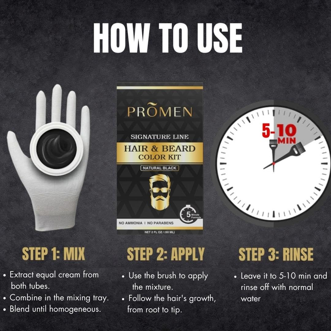 BEMEN Hair & Beard Color Kit for Men - 5-10 Minute Mustache & Hair Dye - Easy Application, No Stain, Long-Lasting Shine - Natural Black Beard Color | Perfect for Home Use, Touch-Ups, and Professional-Looking Results