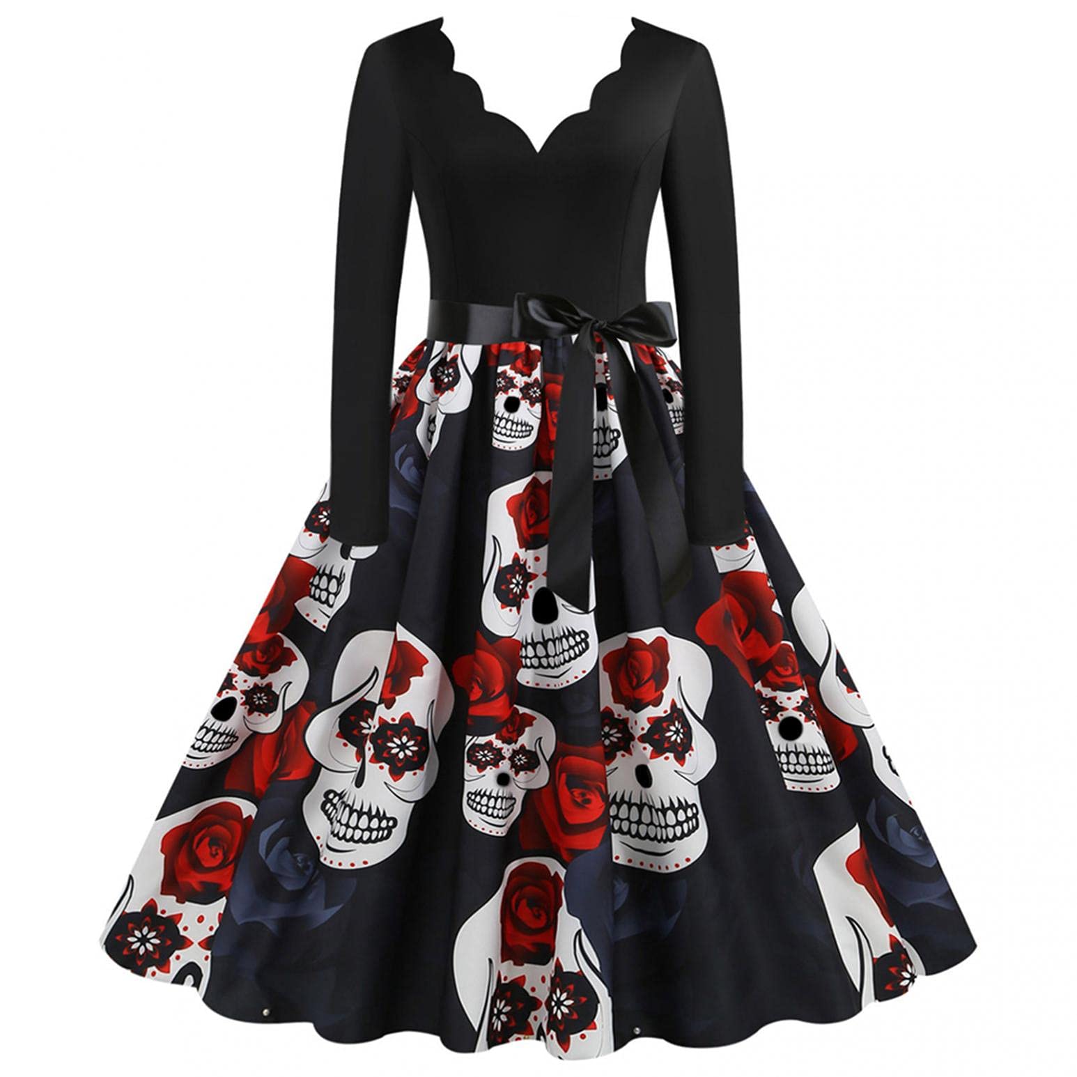 Vintage 1950s Retro Polka Dot Rockabilly Sugar Skull Cocktail Dress - Women's Cap Sleeve A-Line Swing Party Dress for Halloween, Cosplay & Pinup Fashion Events