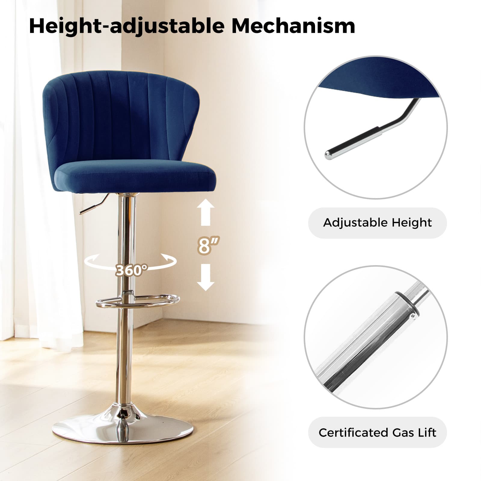 Geoff Modern Adjustable Swivel Bar Stool - Height Adjustable Kitchen Island Stool with 360° Rotation for Home, Office & Cafe Use