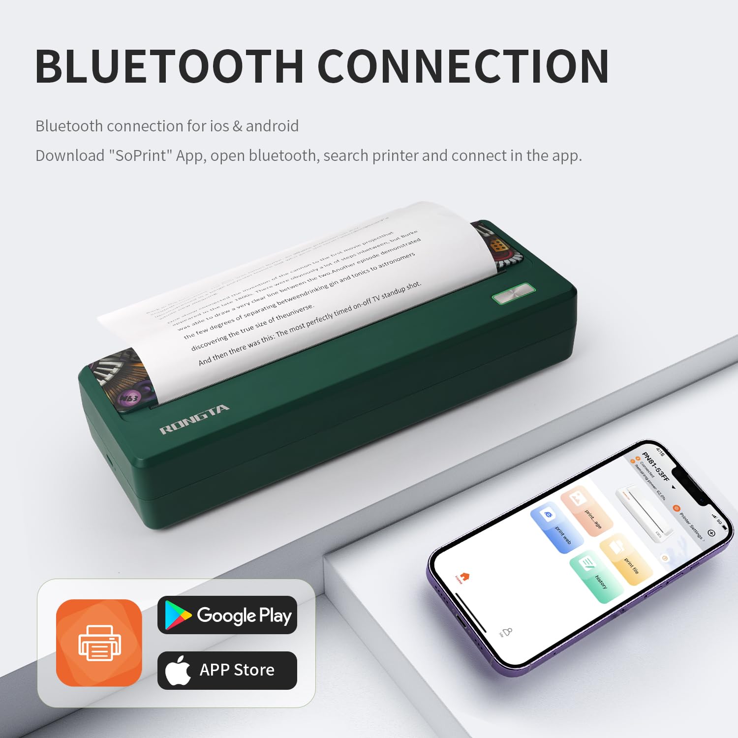 Rongta Wireless Portable Thermal Printer - 300DPI Inkless Bluetooth Mobile Printer for Travel, Compatible with Android iOS & Laptops, Supports 8.5