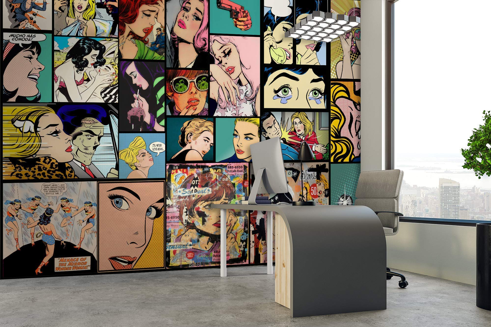 Murwall Pop Art Wallpaper - Vintage Comic Style Wall Mural with Retro Romantic Print for Young Adults | Perfect for Living Room, Bedroom & Library Decor | Great for Home Office, Dorm Room & Creative Spaces