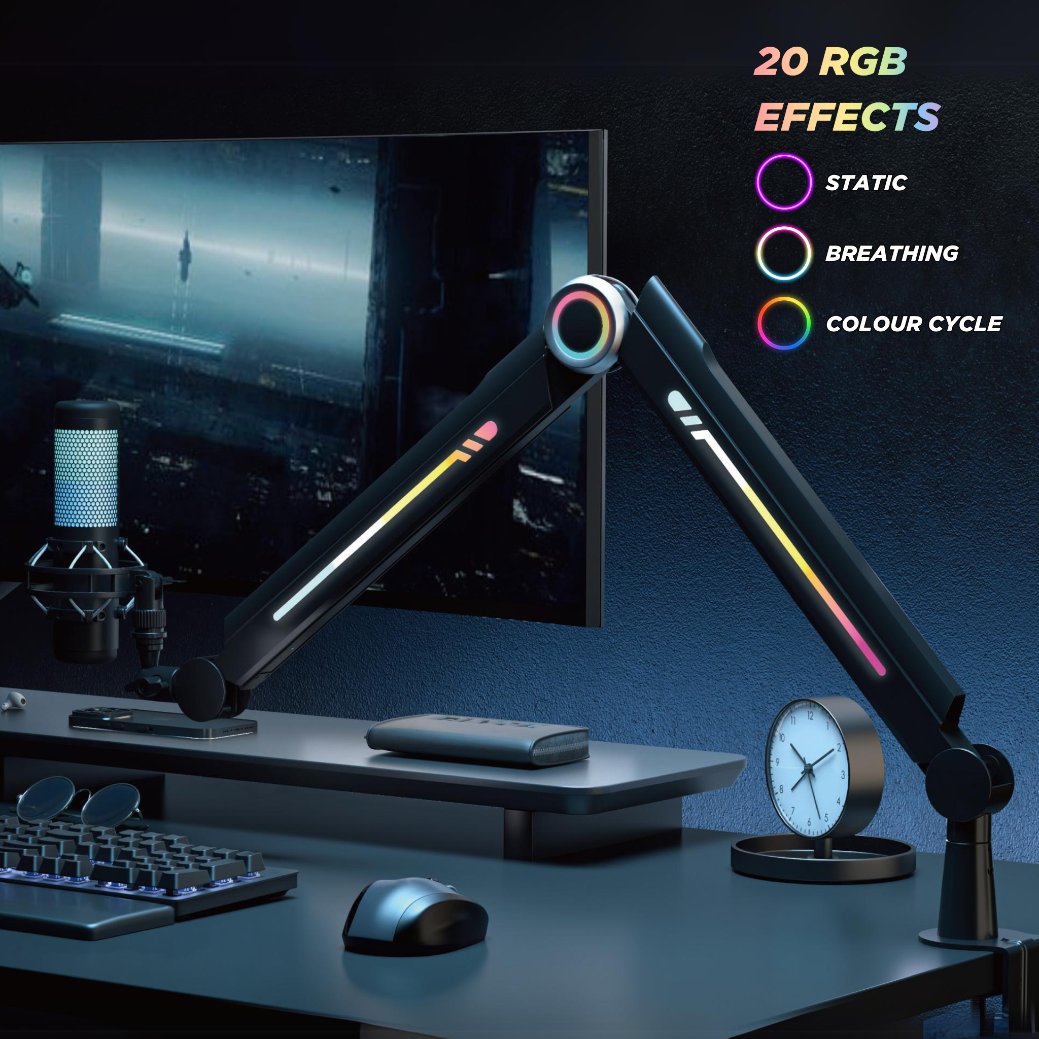 Glint RGB Microphone Arm - Adjustable Boom Stand with Colorful LED Lighting for Streaming, Podcasting & Gaming (Black) | Perfect for Home Studios & Professional Setups