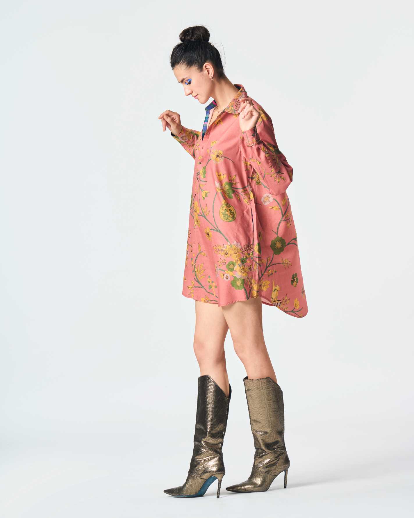 Oversized Cotton Silk Shirt with Rose Print - Elegant Loose Fit Blouse for Women | Perfect for Casual Wear, Office Outfits & Date Nights