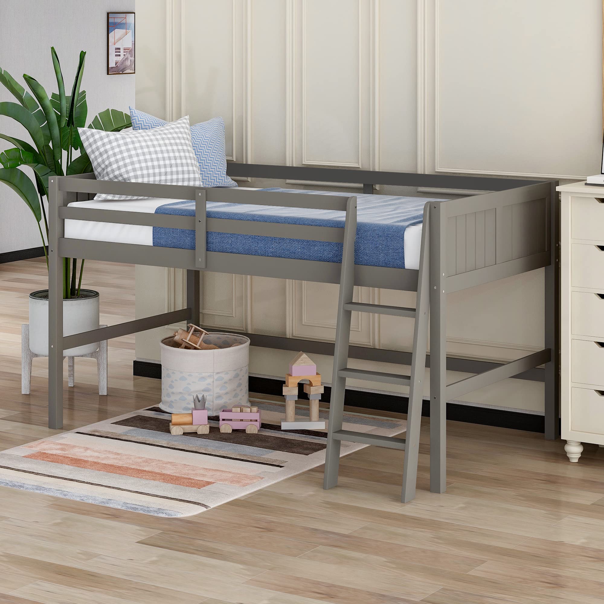Kids Low Loft Bed with Under-Bed Storage Space - Sturdy Wood Low Profile Loft Bed for Boys, Girls & Toddlers (Grey) - Perfect for Small Bedrooms, Playrooms & Dorm Rooms