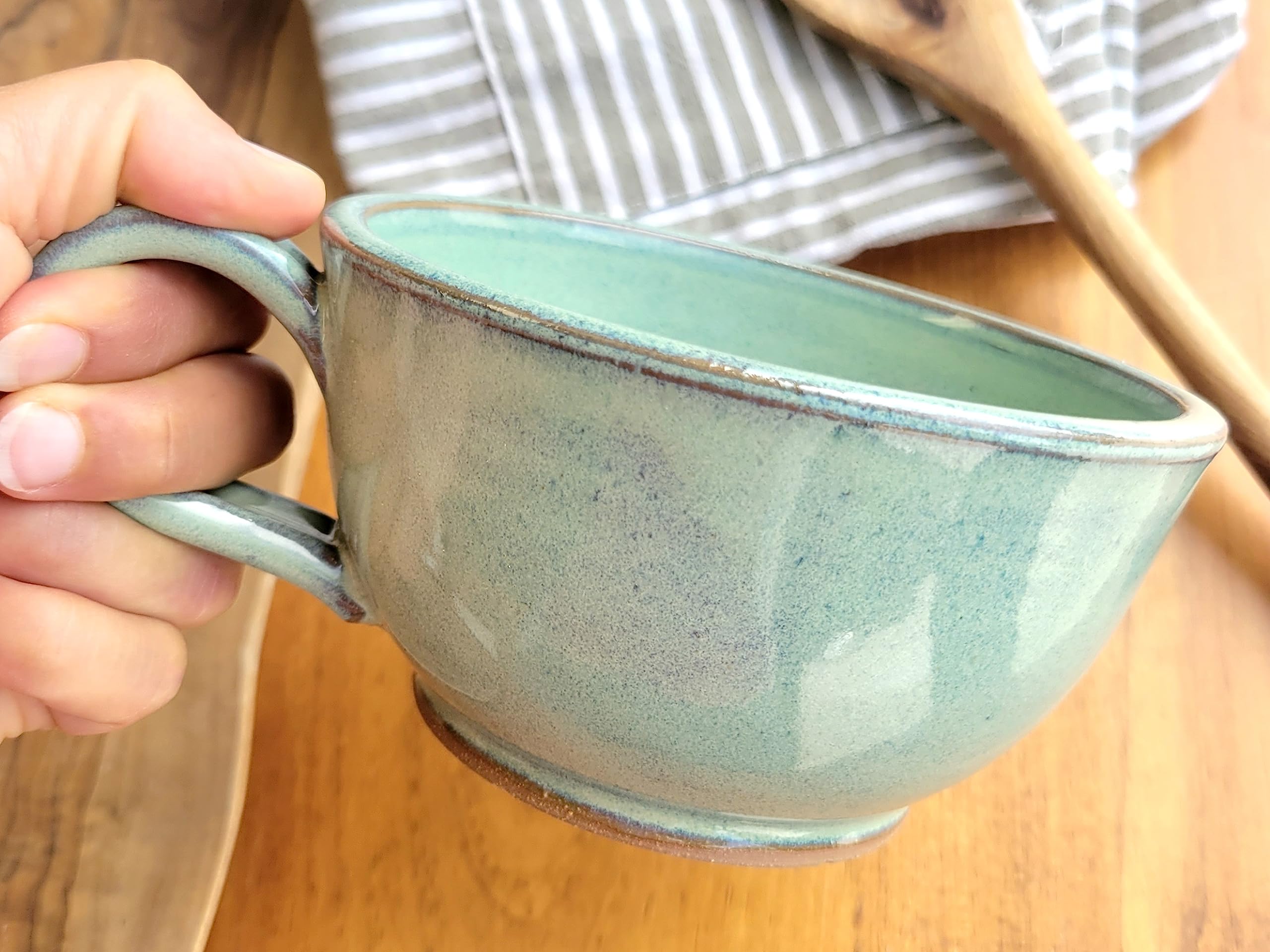 Farmhouse Style Soup Bowls with Handles - Set of 2 Deep Large Ceramic Bowls for Chowder, Stew & Soup - Handmade Pottery Kitchen Decor (Green) - Perfect for Rustic Dining, Soup Parties & Cozy Kitchen Decor
