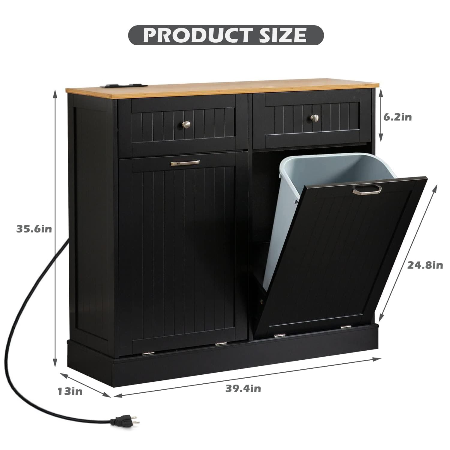 GAZHOME 20 Gallon Double Tilt-Out Trash Cabinet with Built-In Charging Station & Hideaway Drawer - Upgraded Wooden Recycling Storage with Power Outlet for Kitchen, Bathroom, or Office (Black)