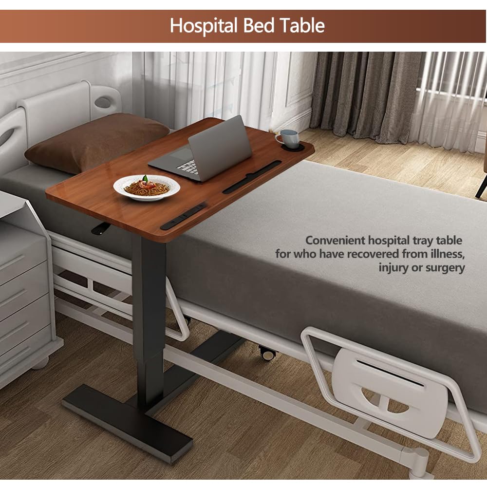 Adjustable Overbed Table with Wheels & USB Port - Hospital Bed Table, Pneumatic Height Adjustable for Home & Medical Use - Walnut & Marble White Finish - Perfect for Eating, Working, Reading in Bed or Recovery