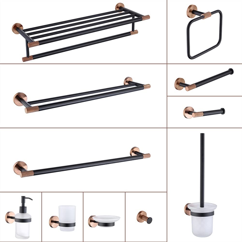 GKEKWMX Rose Gold Black Stainless Steel Bathroom Hardware Set - Wall Mounted Toilet Paper Holder, Robe Hook, Towel Rack & Soap Dispenser - Modern Kitchen & Bathroom Accessories for Home Decor