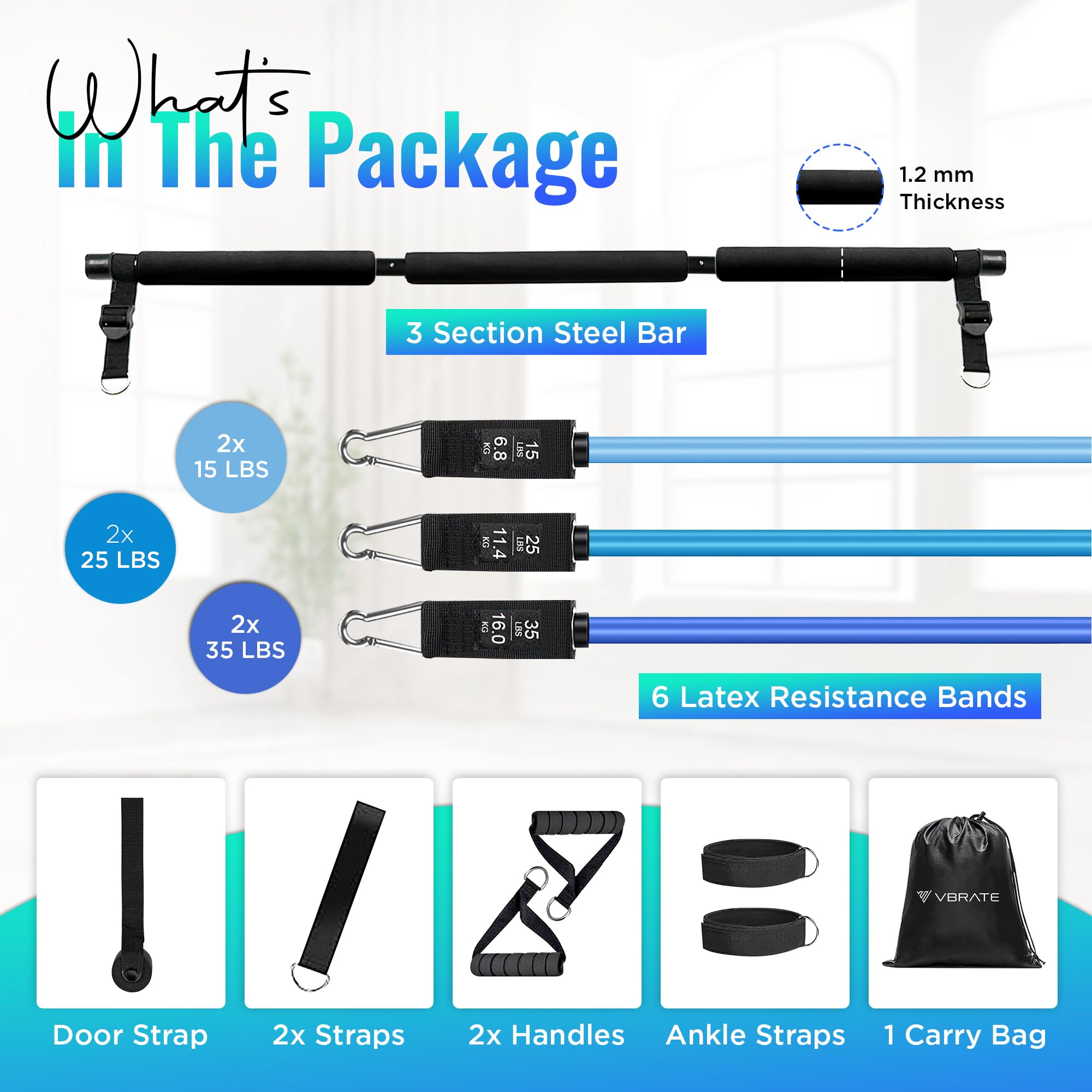 Pilates Bar Kit with 6 Resistance Bands - Heavy Duty Adjustable Yoga Bar for Women & Men, Full Body Workout Equipment for Home Gym, Perfect for Strength Training, Toning & Stretching - Ideal for Home, Office & Travel Fitness