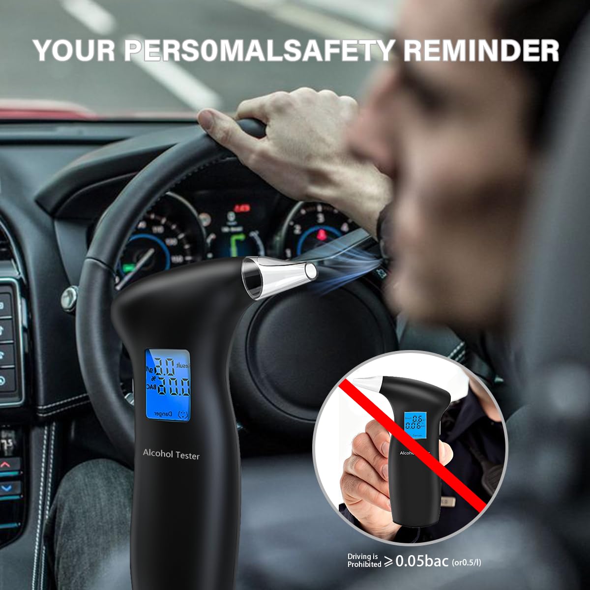 Portable Alcohol Breathalyzer Tester with LCD Display & Reusable Mouthpieces - Personal & Professional Use - Accurate BAC Detection for Home, Office, Parties & Road Safety - Black