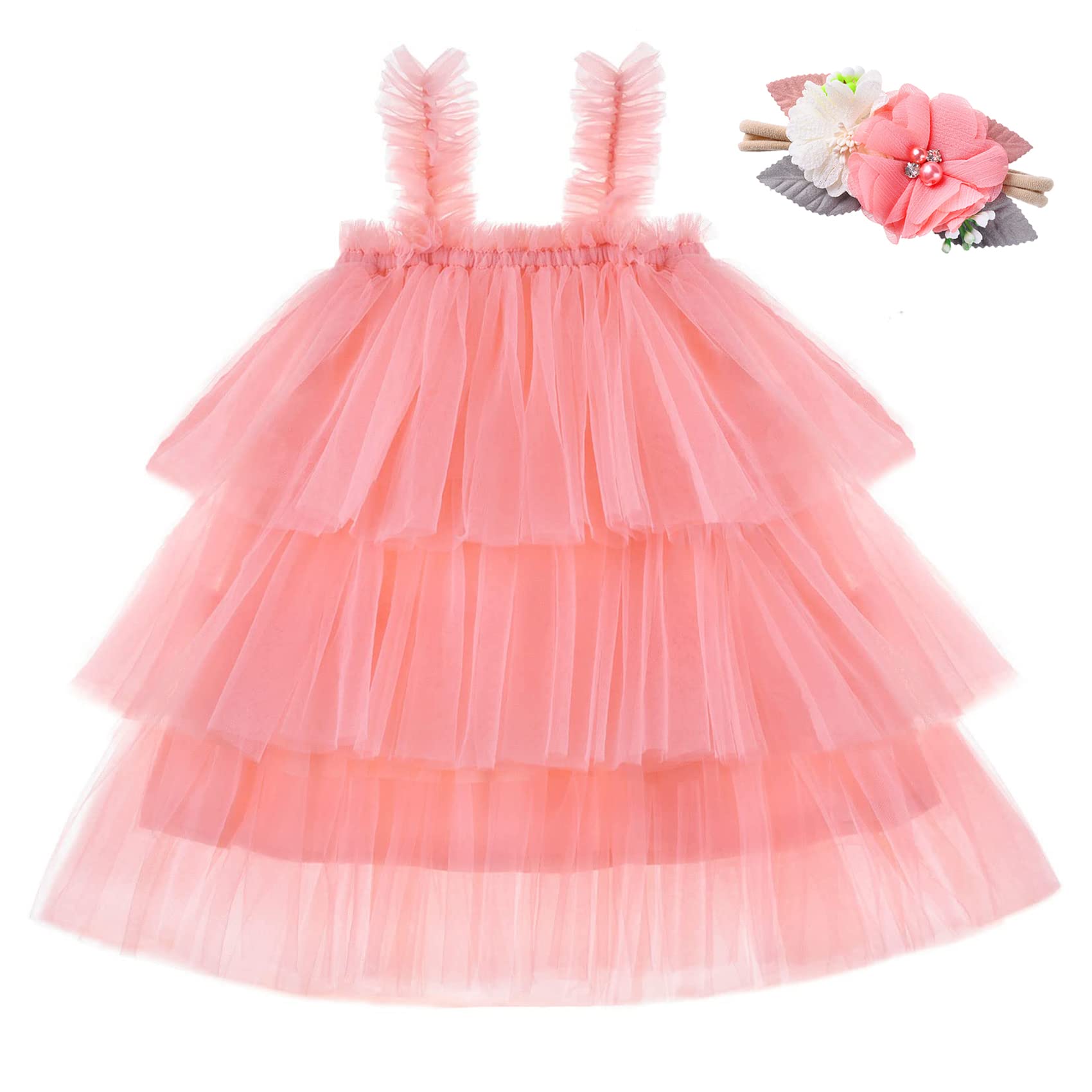Baby Girl Tulle Tutu Dress - Toddler Girls Party Sleeveless Princess Sundress with Flower Headband | Perfect for Birthday Parties, Photo Shoots & Special Occasions