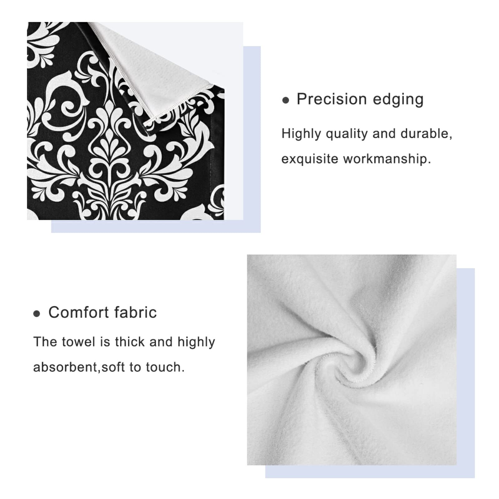 Luxury Black Damask Baroque Floral Bath Towels - Ultra Soft & Highly Absorbent - Set of 3 for Home, Hotel & Spa - Perfect for Bathroom Decor, Guest Towels & Luxury Bath Experience
