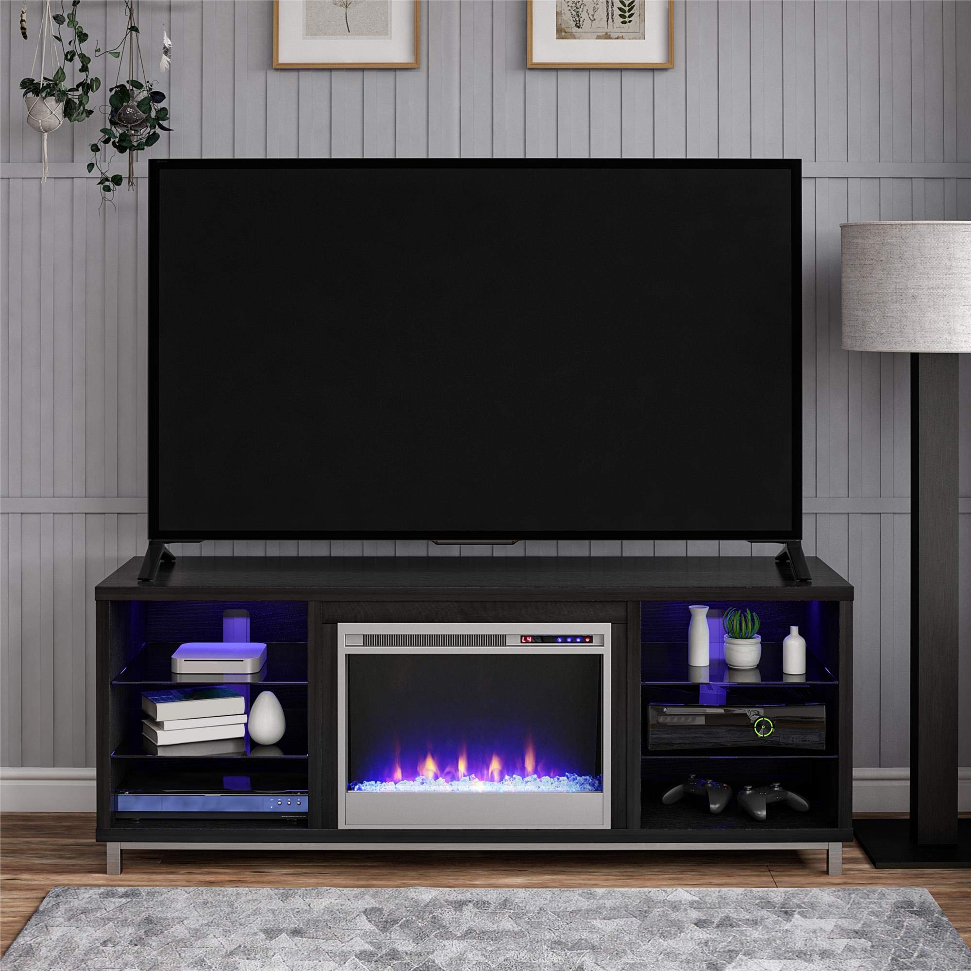 Ameriwood Home Lumina TV Stand for 70 Inch TVs with Fireplace, Black Oak Finish - Perfect for Living Room, Bedroom & Home Theater Entertainment Centers