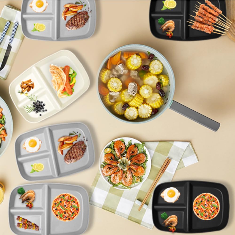 10.5 Inch Divided Plates for Kids & Adults - 3-Compartment Wheat Straw Portion Control Plates | Bariatric, Unbreakable, BPA-Free & Reusable (Grey, 4-Pack) - Perfect for Meal Prep, Portion Control & Family Dinners