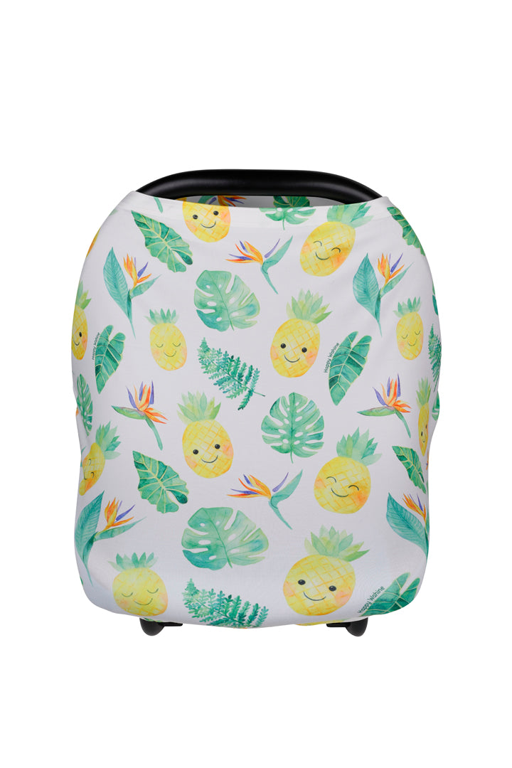 Baby Car Seat Cover - Breathable Nursing Canopy with Pineapple & Monstera Leaf Pattern in White - Perfect for Strollers, Shopping & Outdoor Adventures