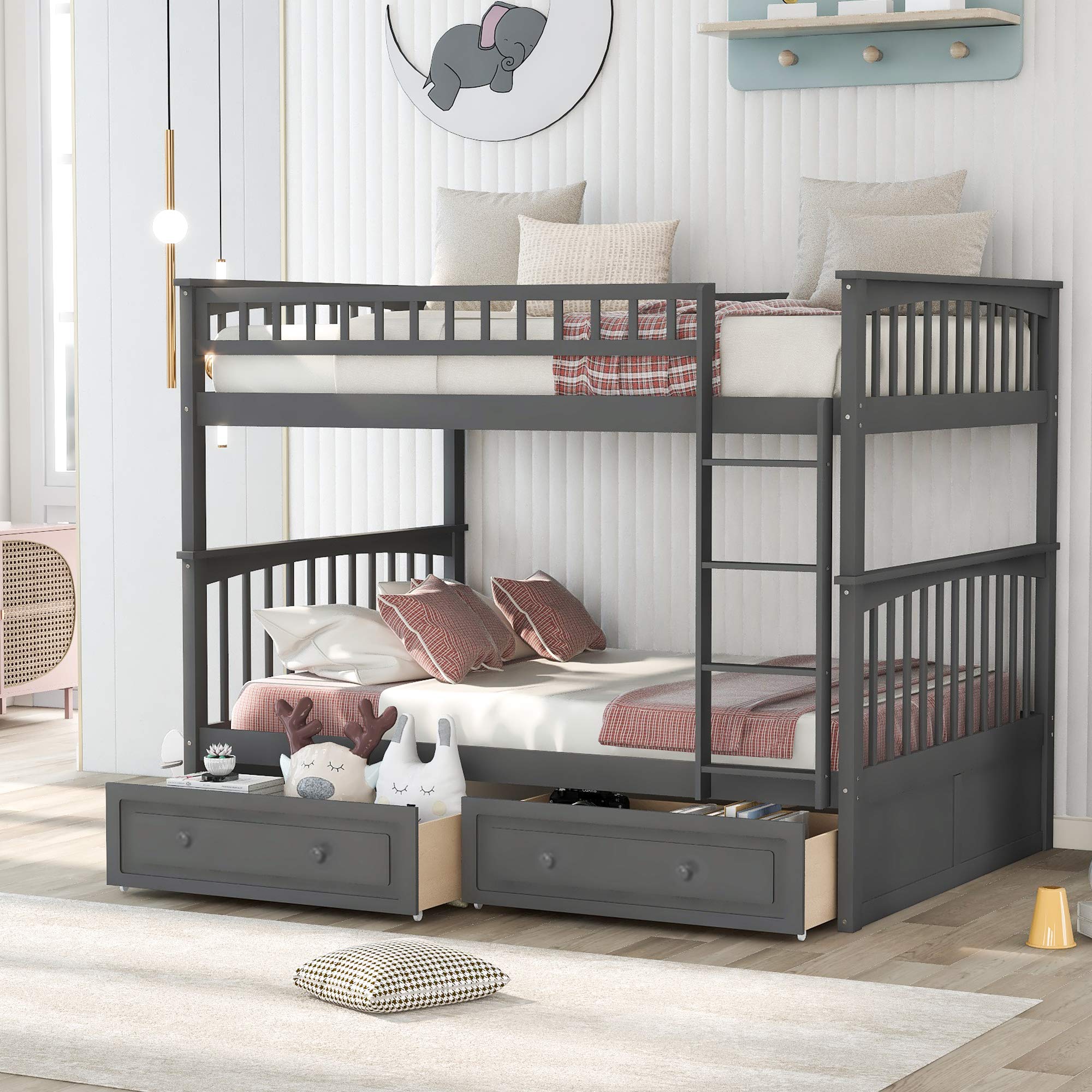 Full Over Full Bunk Bed with Storage Drawers & Safety Ladder - Space-Saving Wooden Convertible Bunk Bed for Teens & Kids Bedroom (Grey) - Perfect for Small Rooms, Guest Rooms & Dormitories