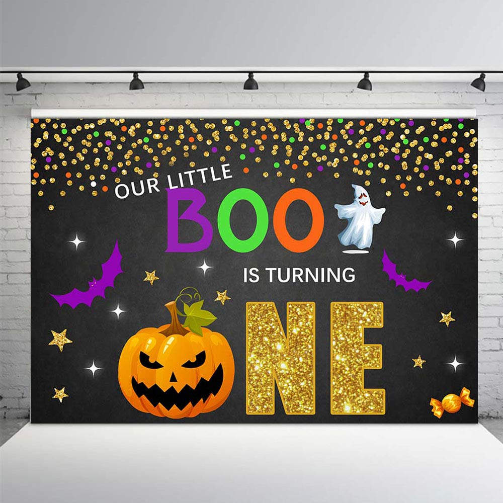 Happy 1st Birthday Halloween Thanksgiving Party Backdrop - 7x5ft Black Gold Purple Pumpkin Dots Photo Background Banner with Confetti for Cake Table Decorations | Perfect for Baby's First Birthday, Halloween Celebrations & Thanksgiving Party Decor