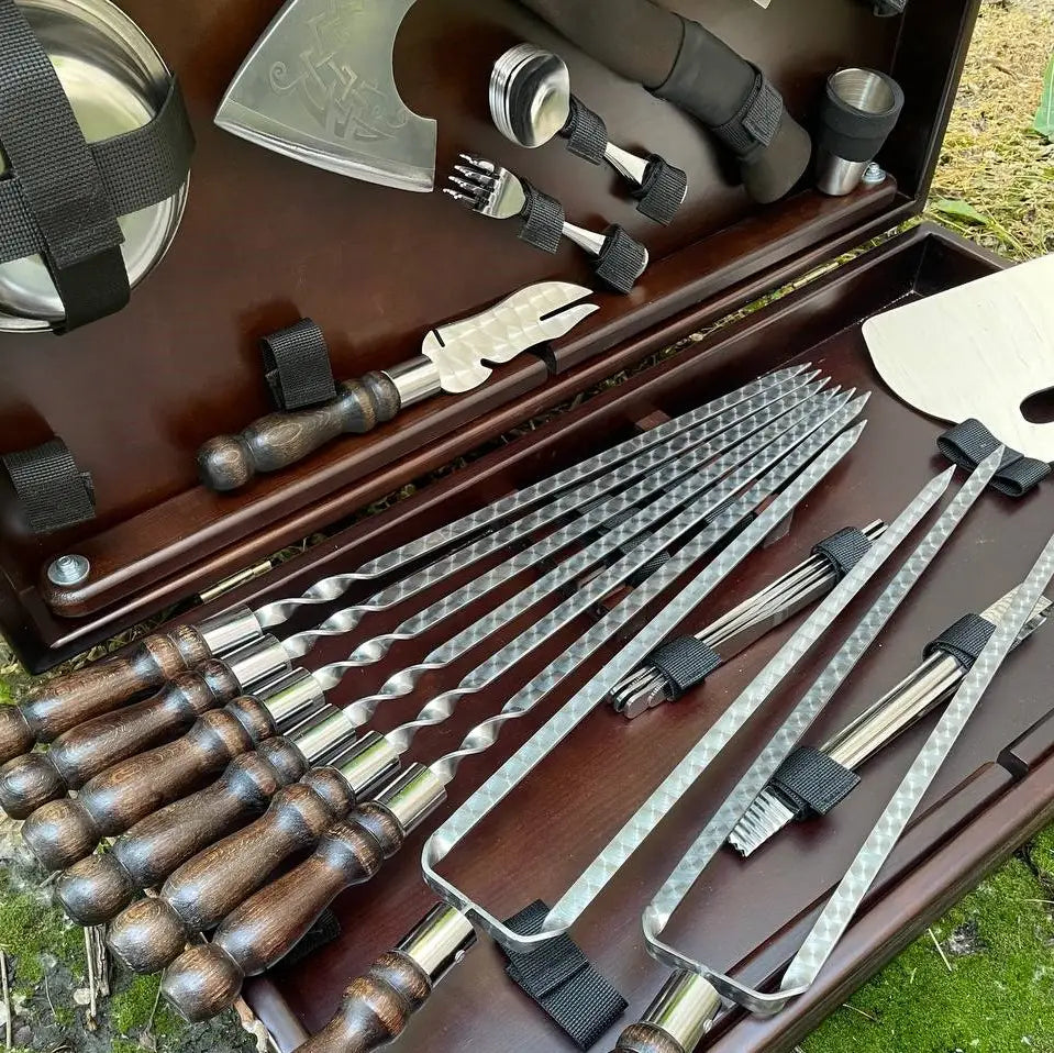 Premium Auroch Camping BBQ Skewers Set with Wooden Storage Case - 44-Piece Stainless Steel Grilling Accessories Kit for Outdoor Picnics, Backyard Parties & Campfire Cooking