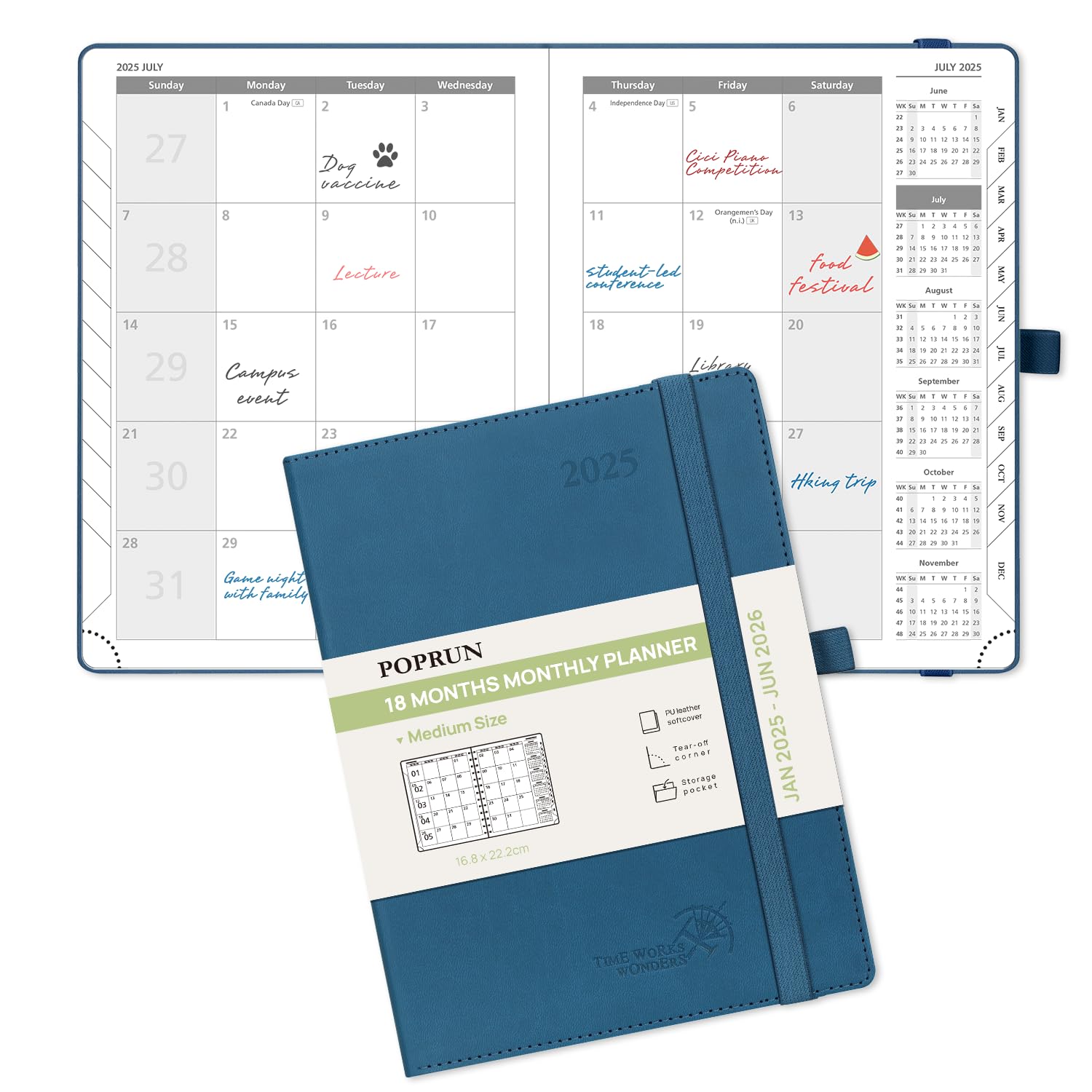 POPRUN 18-Month Planner 2025-2026 (January 2025-June 2026) - Medium 6.5'' x 8.5'' Soft Cover Monthly Calendar Book with Tabs, Pocket & 100 GSM Thick Paper - Night Sky Blue - Perfect for Work, School & Personal Organization