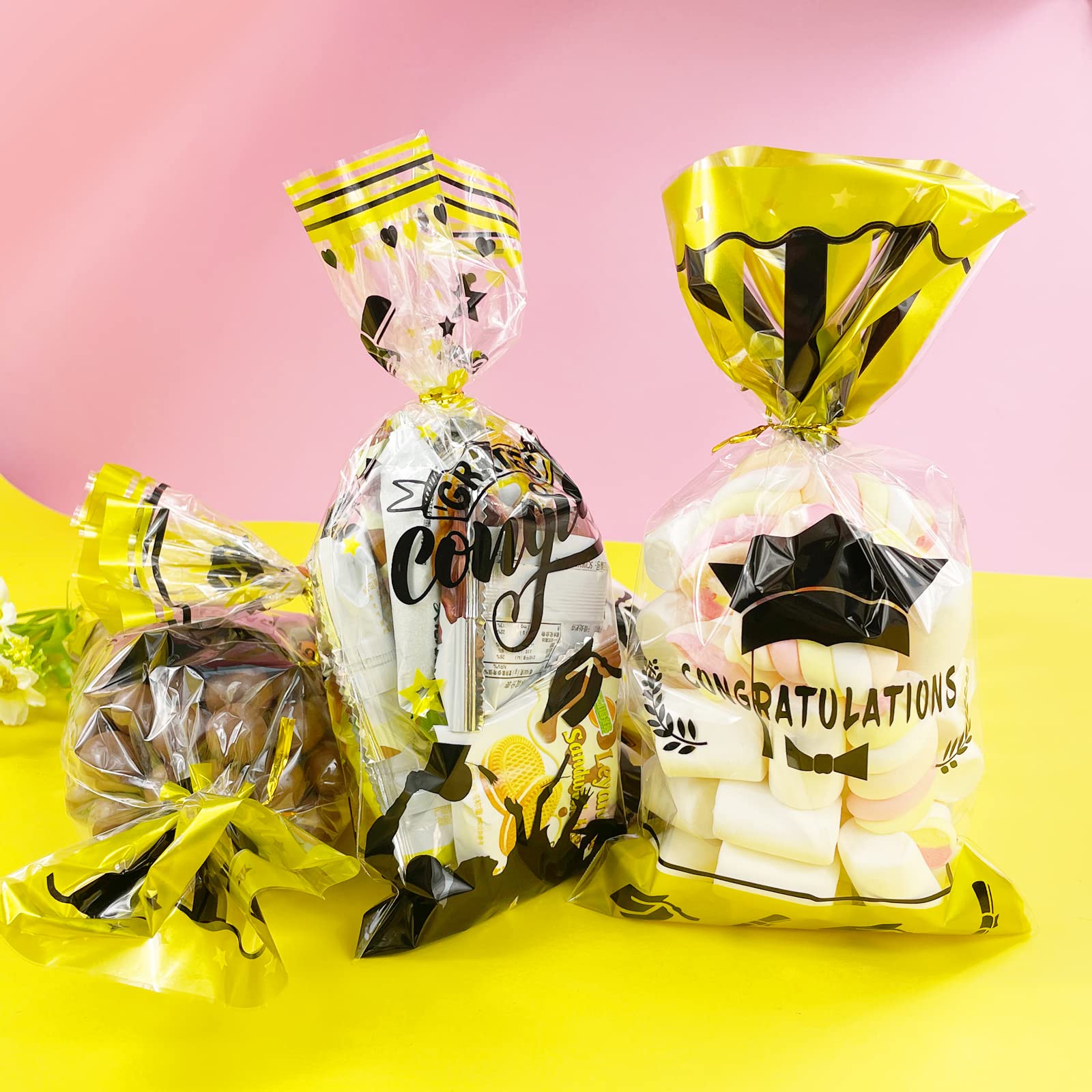 Bnsikun 100Pcs Graduation Cellophane Treat Bags - Clear Candy Popcorn Favor Bags for Graduation Party, Birthday, Baby Shower & Wedding Table Decorations