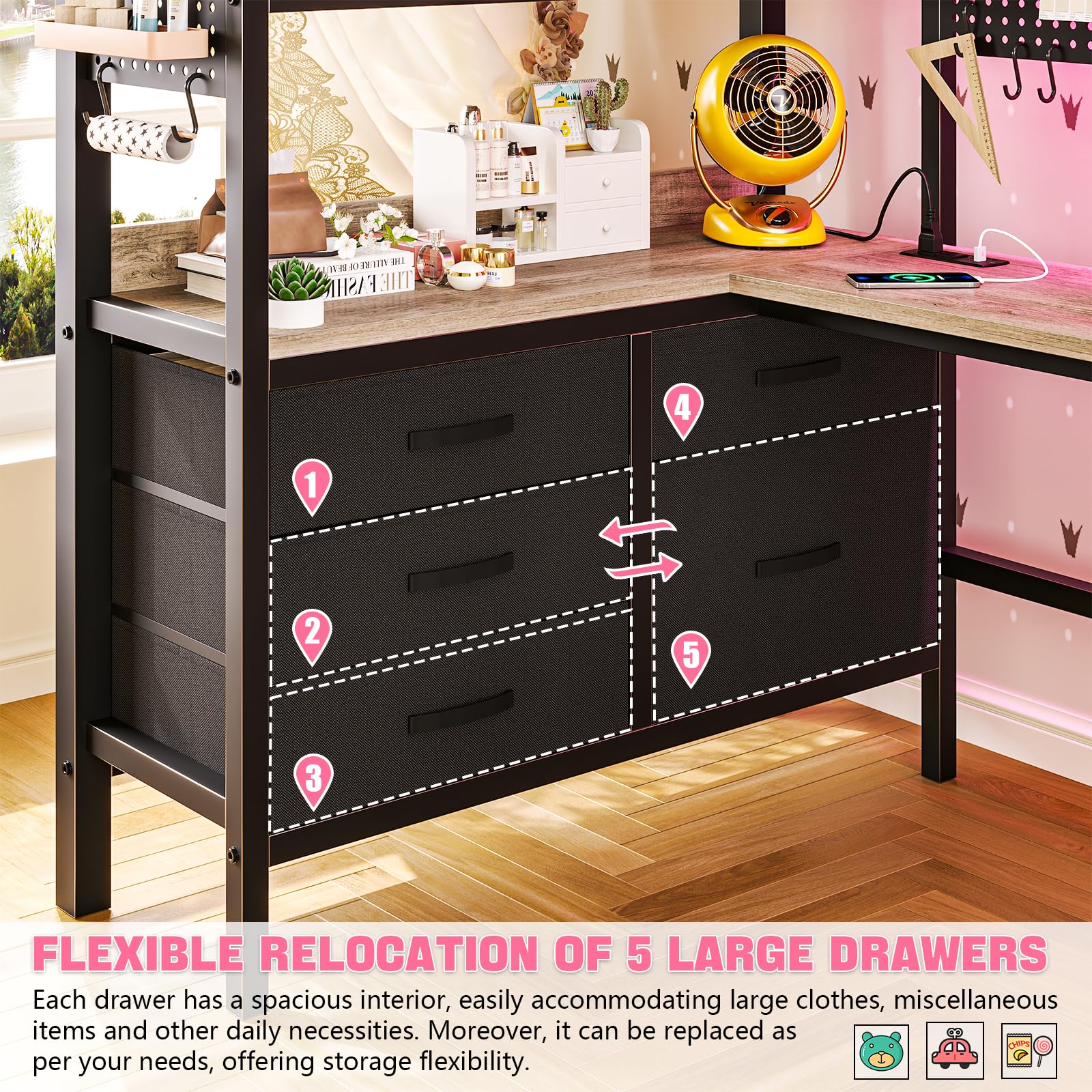 **Twin Size Loft Bed with L-Shaped Desk & Storage - Metal Bunk Bed Frame with Built-in Desk, LED Lights, Charging Station, 5 Drawers, 2 Pegboards & Clothes Rack - Noise-Free, Gray - Perfect for Small Spaces, Dorm Rooms & Kids' Bedrooms**