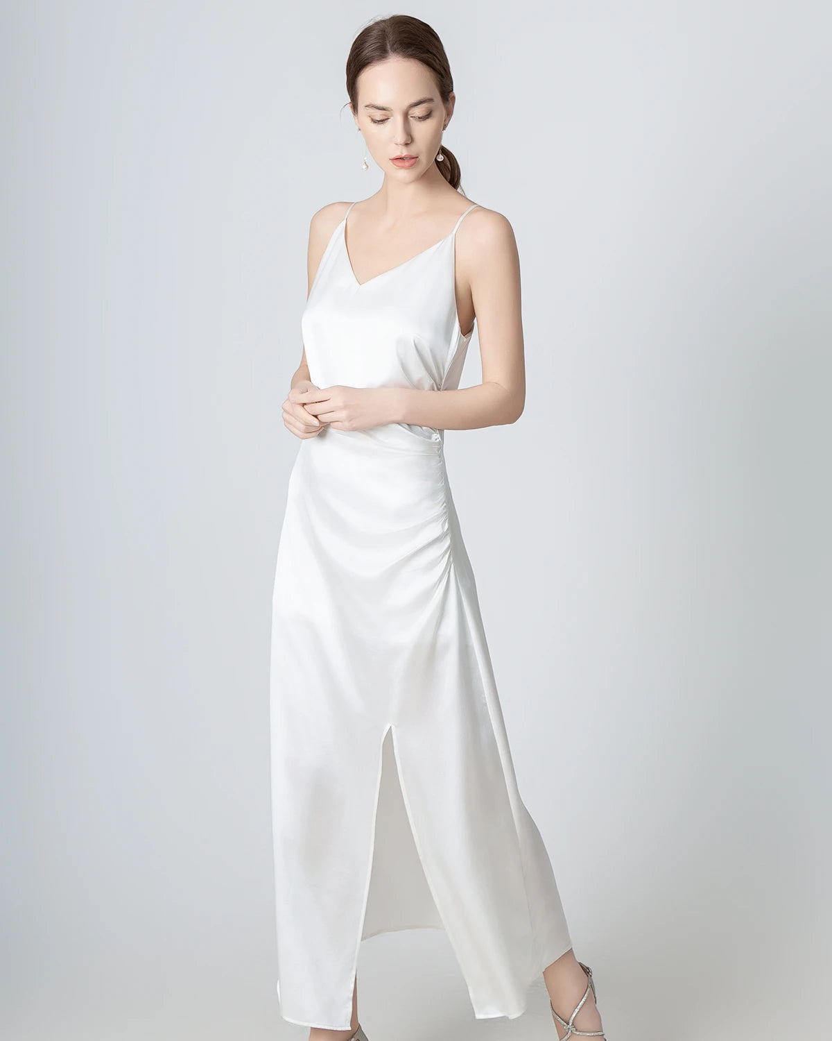 Elegant V-Neck Pleated Slit Maxi Silk Dress for Women - Perfect for Weddings, Parties & Evening Events