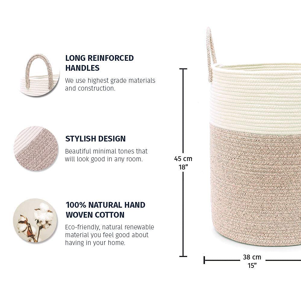 OrganiHaus XXL Woven Rope Laundry Basket - Large 38x45cm Hamper for Blankets, Baby Clothes & Nursery Storage | Natural Brown Scandinavian Home Decor Basket for Bedroom, Bathroom & Laundry Room Organization