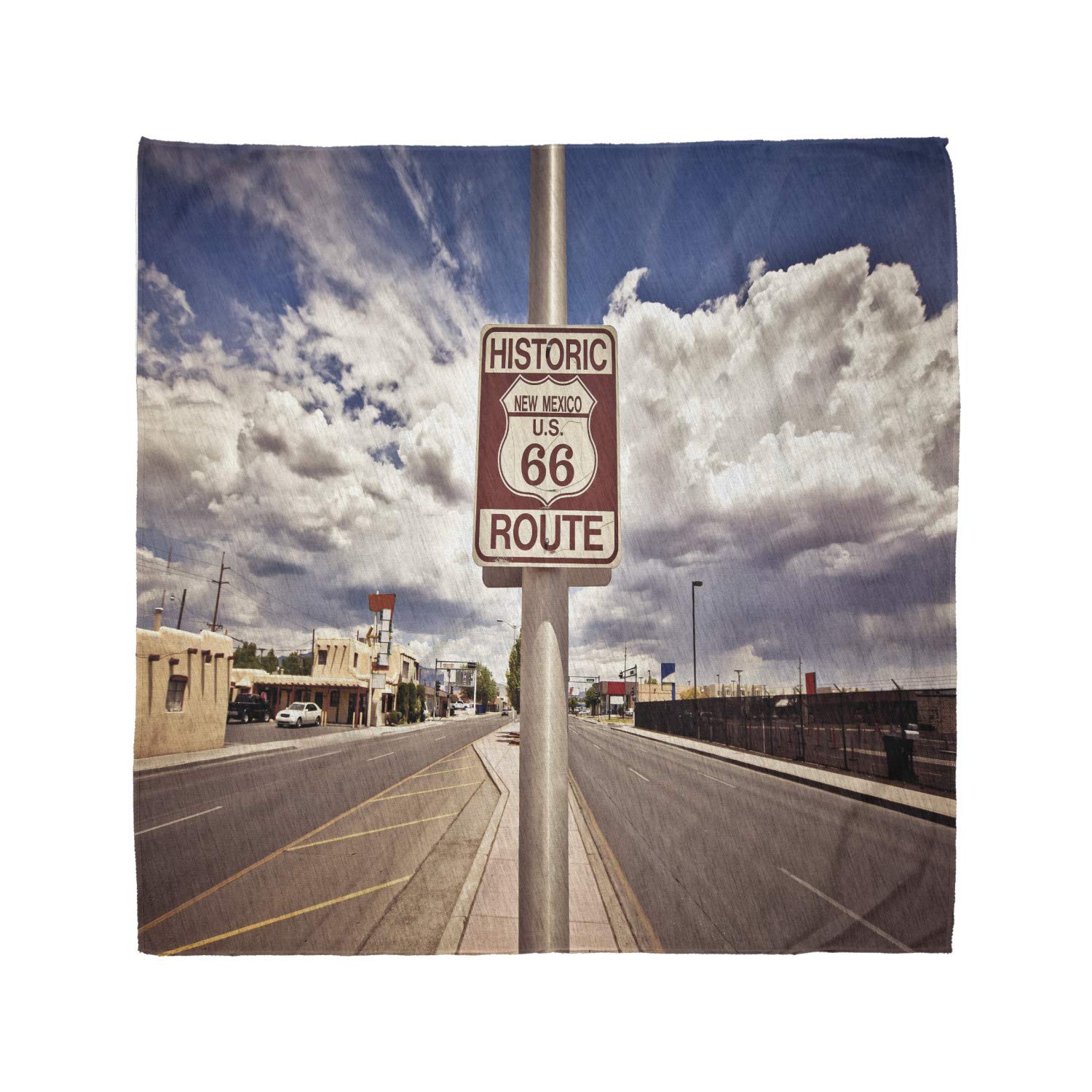Lunarable Bandana Scarf - Americana Route 66 Roadway Sign Design in Multicolor Dust Blue - Perfect for Road Trips, Motorcycle Rides & Outdoor Adventures