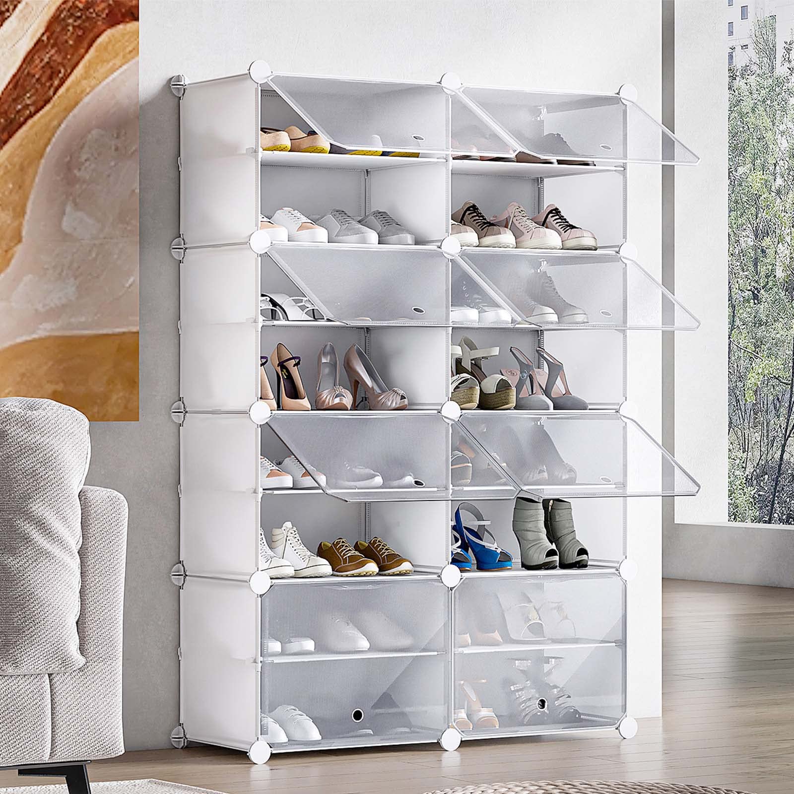 8-Tier Shoe Rack Organizer - 32 Pair Freestanding Plastic Shoe Storage Cabinet with 16 Cubes | Space-Saving Entryway, Hallway, Closet & Bedroom Shoe Shelf | White DIY Shoe Organizer for Home & Office Use