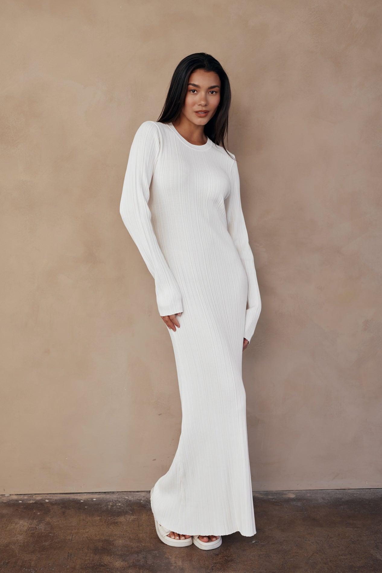 Ezra Long Sleeve Ribbed Knit Maxi Dress for Women - Elegant Bodycon Evening Gown for Fall Winter, Date Night, Party & Special Occasions