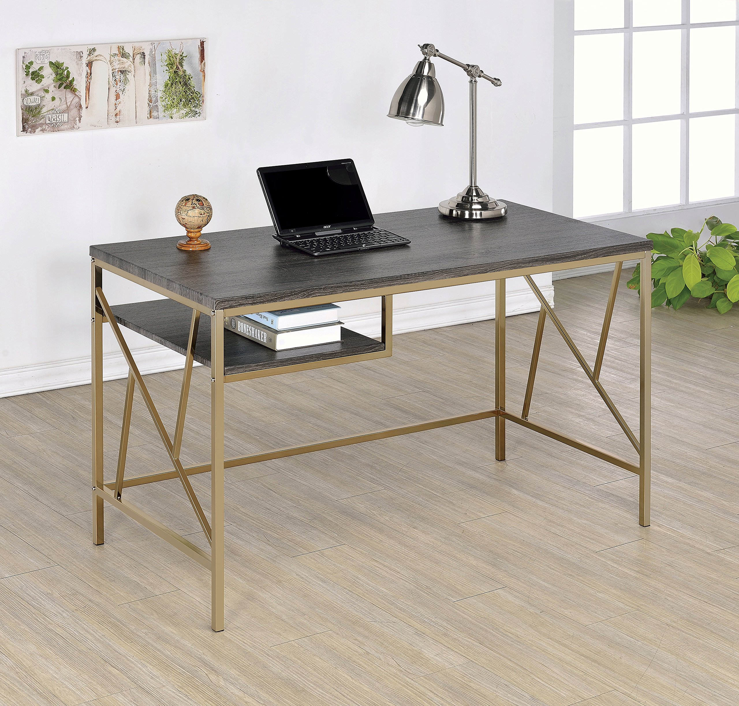 Furniture of America Tisa Contemporary Metal Desk in Champagne - Modern Home Office & Study Desk for Small Spaces, Dorm Rooms & Workstations