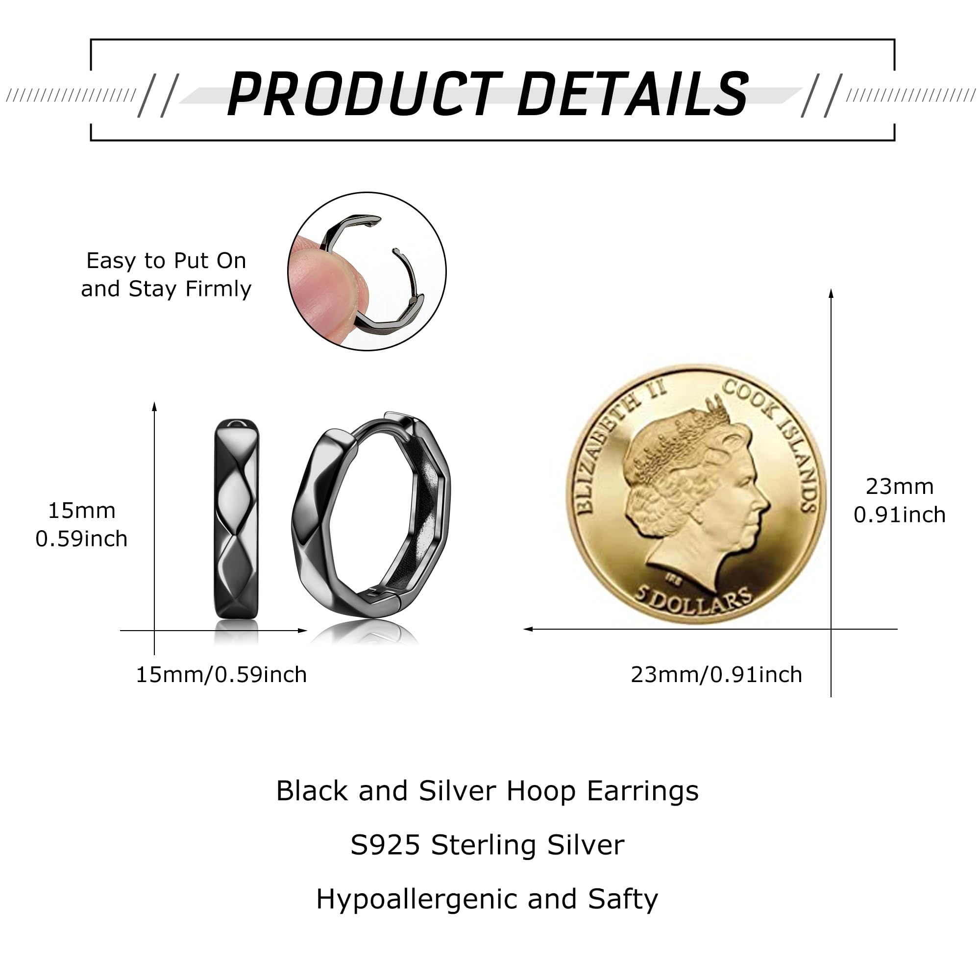 KRFY 925 Sterling Silver Small Lightweight Hoop Earrings for Men & Women - High Polished Rhombus-Cut Huggie Sleep Earrings (10mm Inner Diameter) | Perfect for Everyday Wear, Gifts & Night Out Accessories