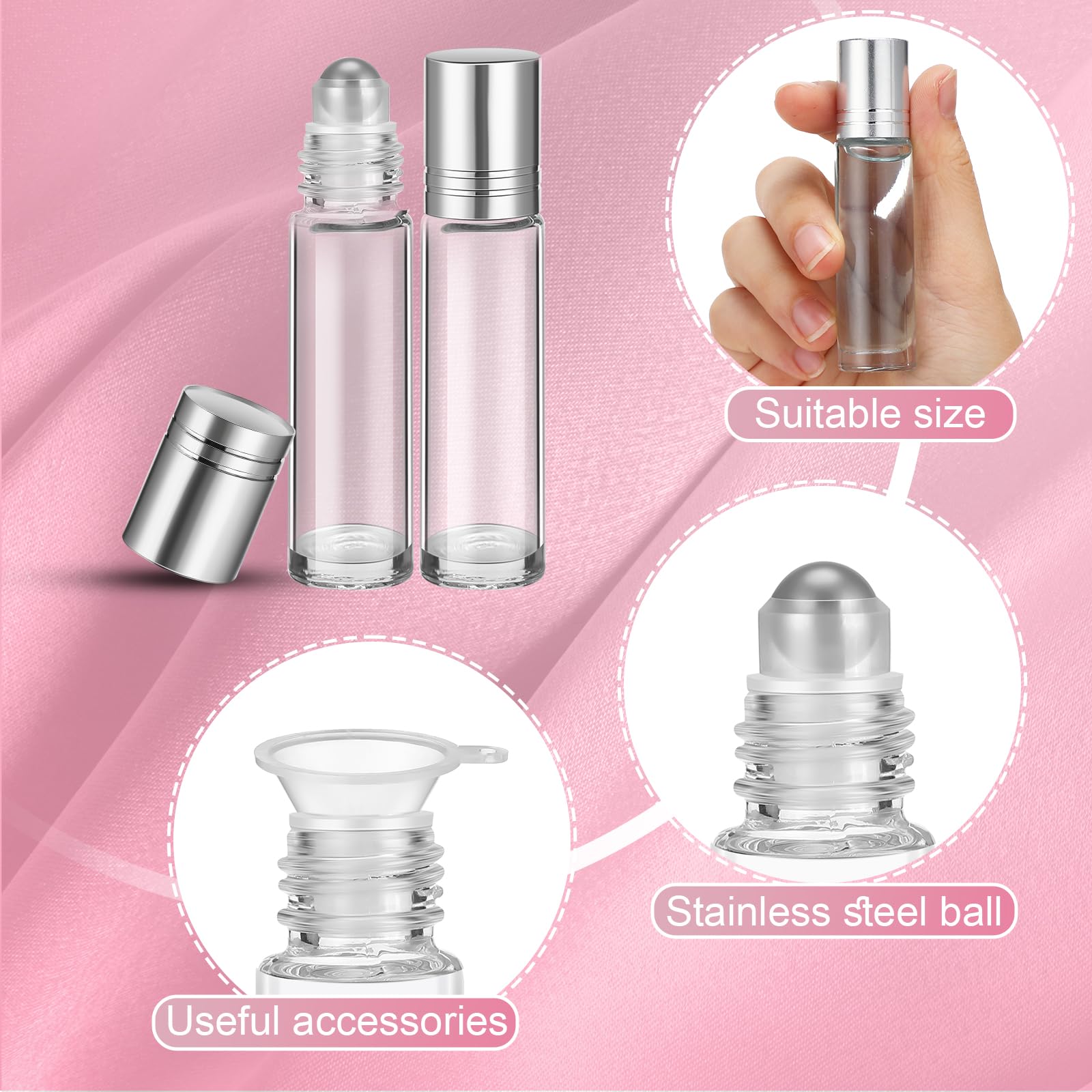Sumind 250 Pcs 10ml Empty Glass Essential Oil Roller Bottles with Stainless Steel Balls - Leakproof Roll On Bottles for Travel, Includes 5 Funnels (Clear with Silver Cap) - Perfect for DIY Aromatherapy, Perfume Making & On-the-Go Essential Oil Blending